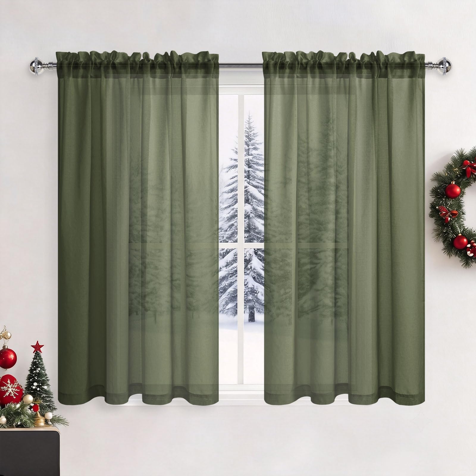 DWCN Green Net Curtains for Windows 54 Drop Christmas, Rod Pocket Voile Bedroom Curtain, Kitchen Sheer Light Filtering Short Curtains for Nursey Bathroom Cupboard, W46xL54 Inch, 2 Panels