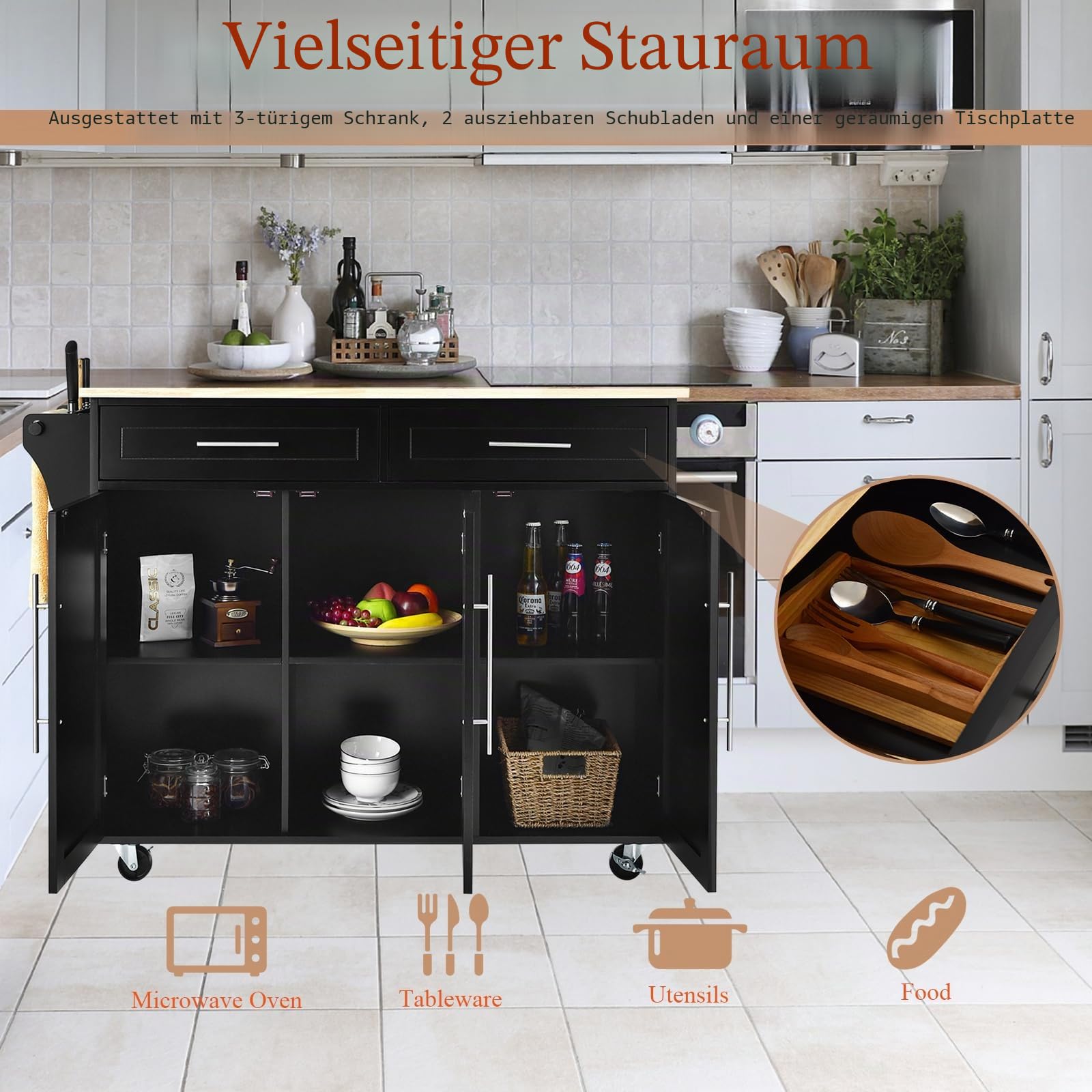 KOMFOTTEU Küchenwagen auf Rollen, Servierwagen Holz mit Arbeitsplatte, Kücheninsel mit Schubladen, 122x46x92 cm Schwarz