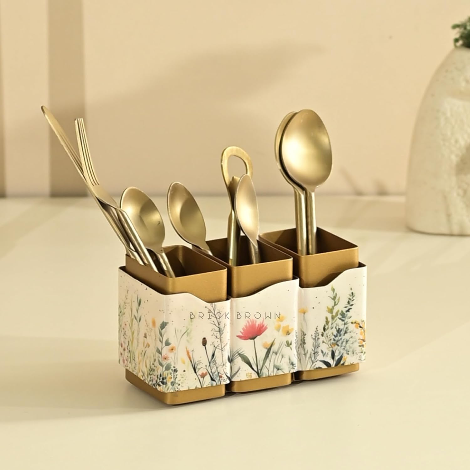 Brick Brown® Premium Wooden Triflora Cutlery Holder – Spoon Stand for Kitchen | Spoon Holder for Dining Table | Wooden Caddy Storage Organizer | Stand Caddy Holder for Kitchen Utensils (6.3x8x9.5in)