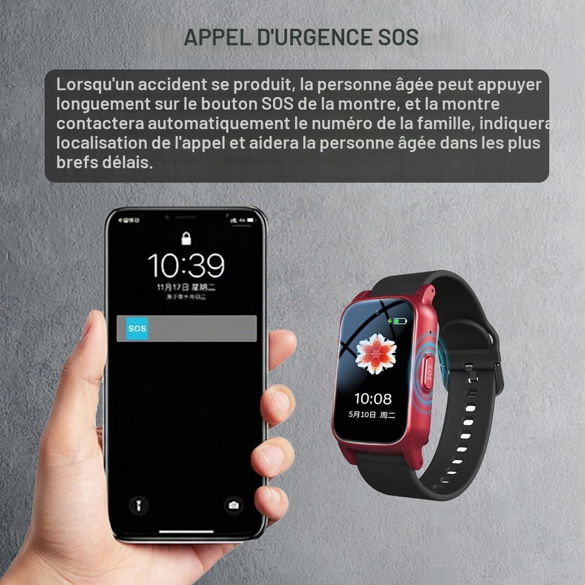 Bracelet Alarme Personne Agee, Détection De Chute Montre Connectée, Montre Traceur GPS Appel Vocal HD Et Étanche, Montre Connectée Petit PoignetBlack,1.25 * 0.57 * 2.22inch
