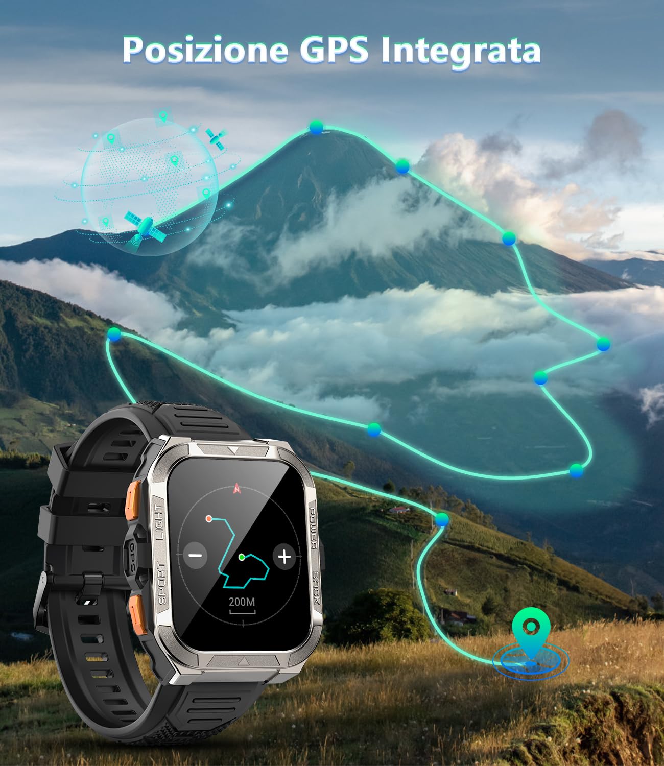 IOWODO Smartwatch Uomo con Batteria 900mAh, GPS e Torcia SOS Bussola, | 1,91" Militare Orologio Intelligente con Assistente AI, IP68 Impermeabile, Chiamate Bluetooth, Android iOS
