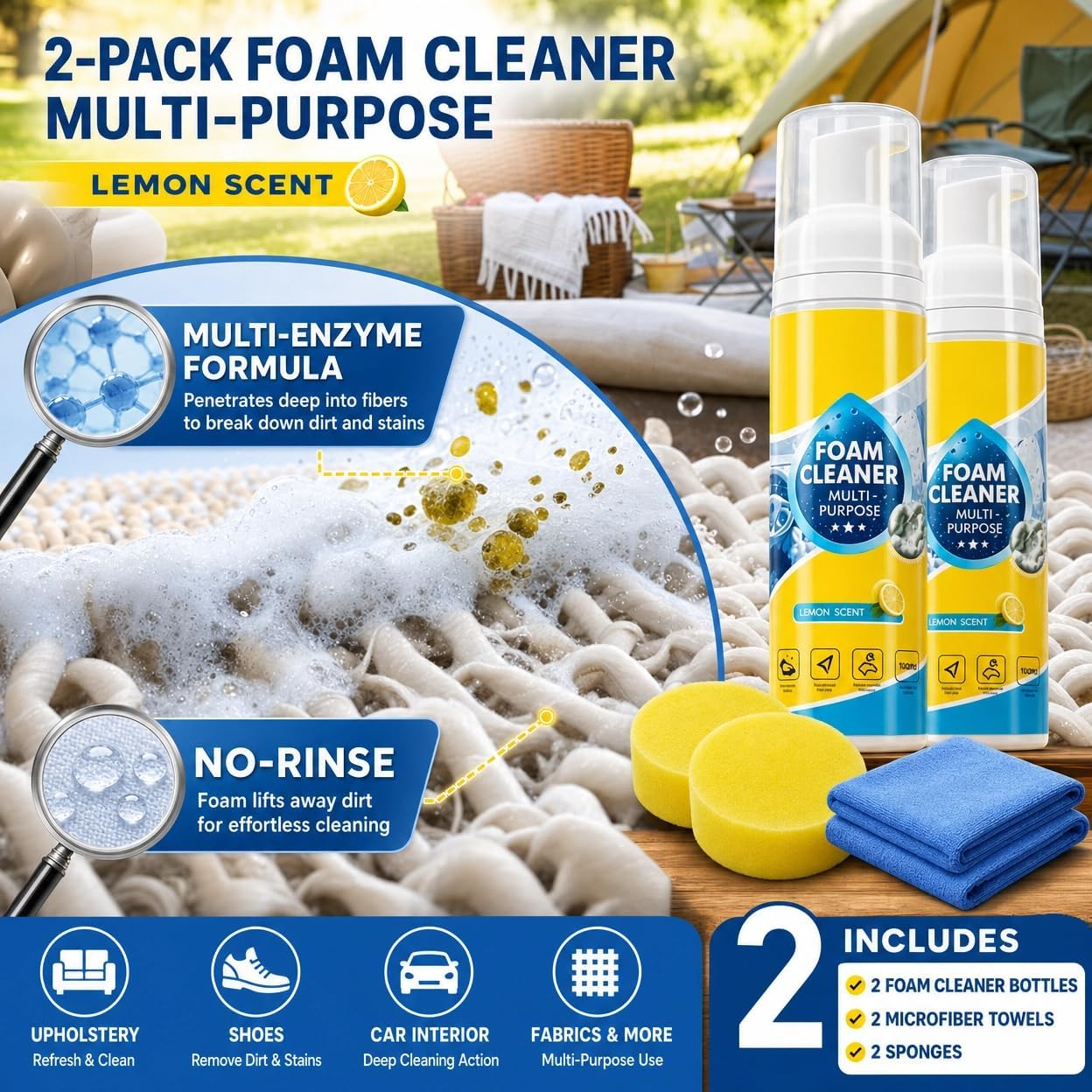 2 Pack Car Interior Foam Cleaner Kit, No-Rinse Spray, 2 x 4 fl oz image 4