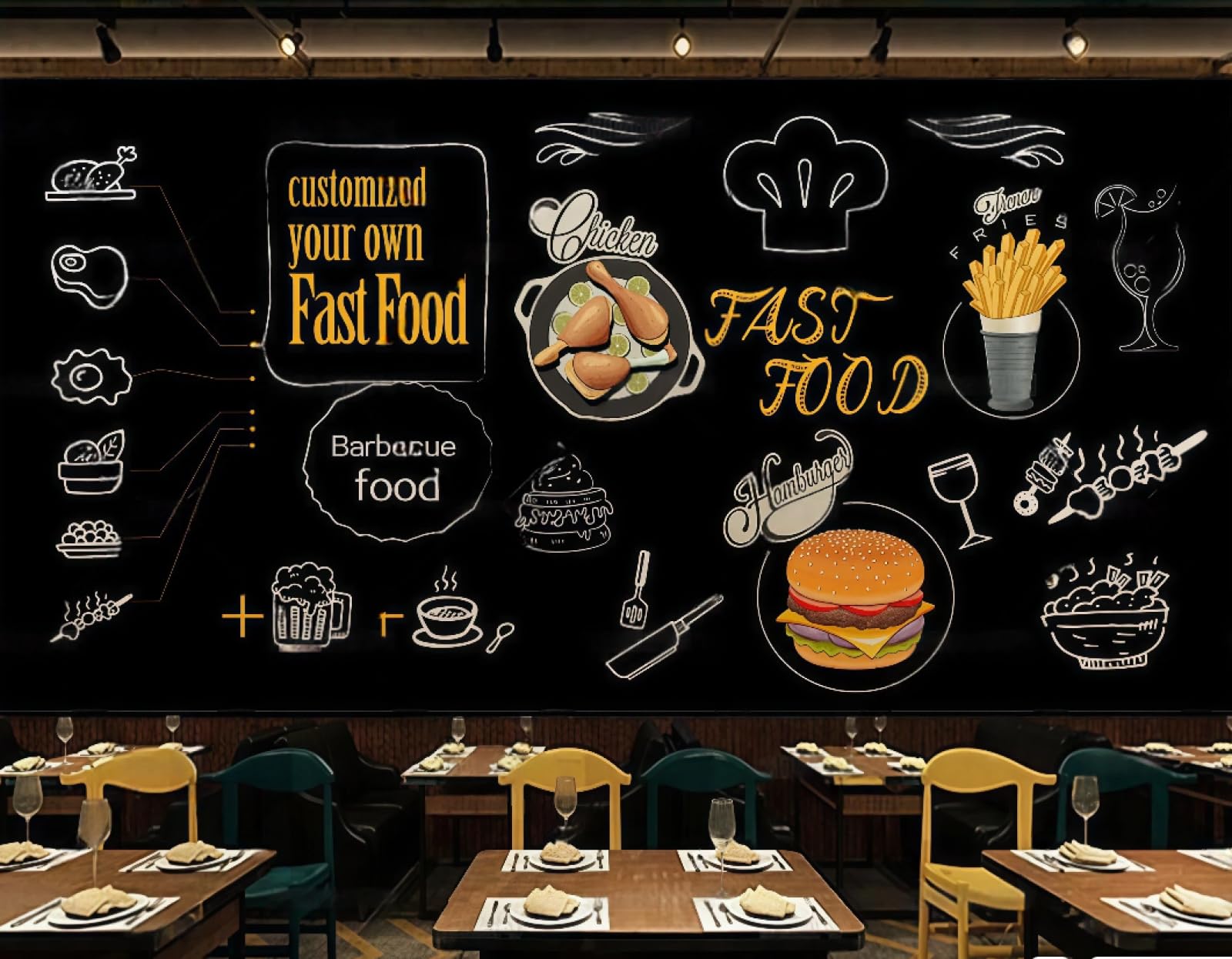 rskjdghshd Wallpaper Retro Blackboard Hand-Painted Burger Fried Chicken Poster Afternoon Tea Drink Shop Background Wall Western Restaurant Wallpaper Cafe Mural,3D,200x140cm