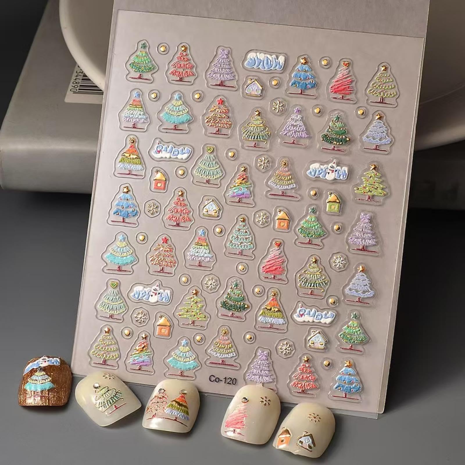 Christmas Tree Nail Art Stickers 5D Embossed Self Adhesive Colorful Nail Decals Gold Point Nail Sticker for Nails Art Design for Women Girls Christmas Supplies Manicure Decorations Accessories