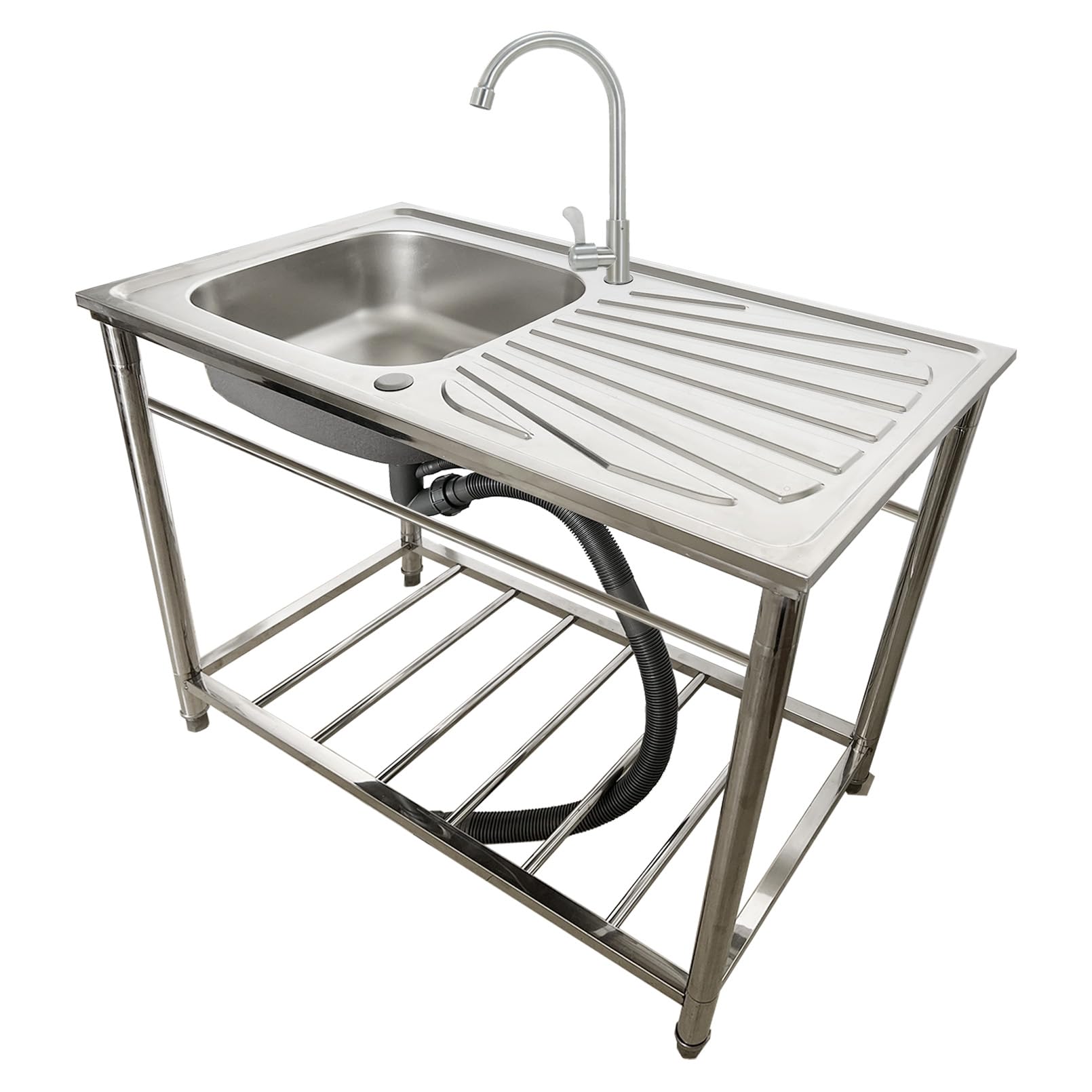 YADZISW Freestanding Commercial Kitchen Sink Single Bowl with Workbench & Storage Shelve Food Prep Table Stainless Steel Utility for Outdoor Garden Workshop w/Fauce