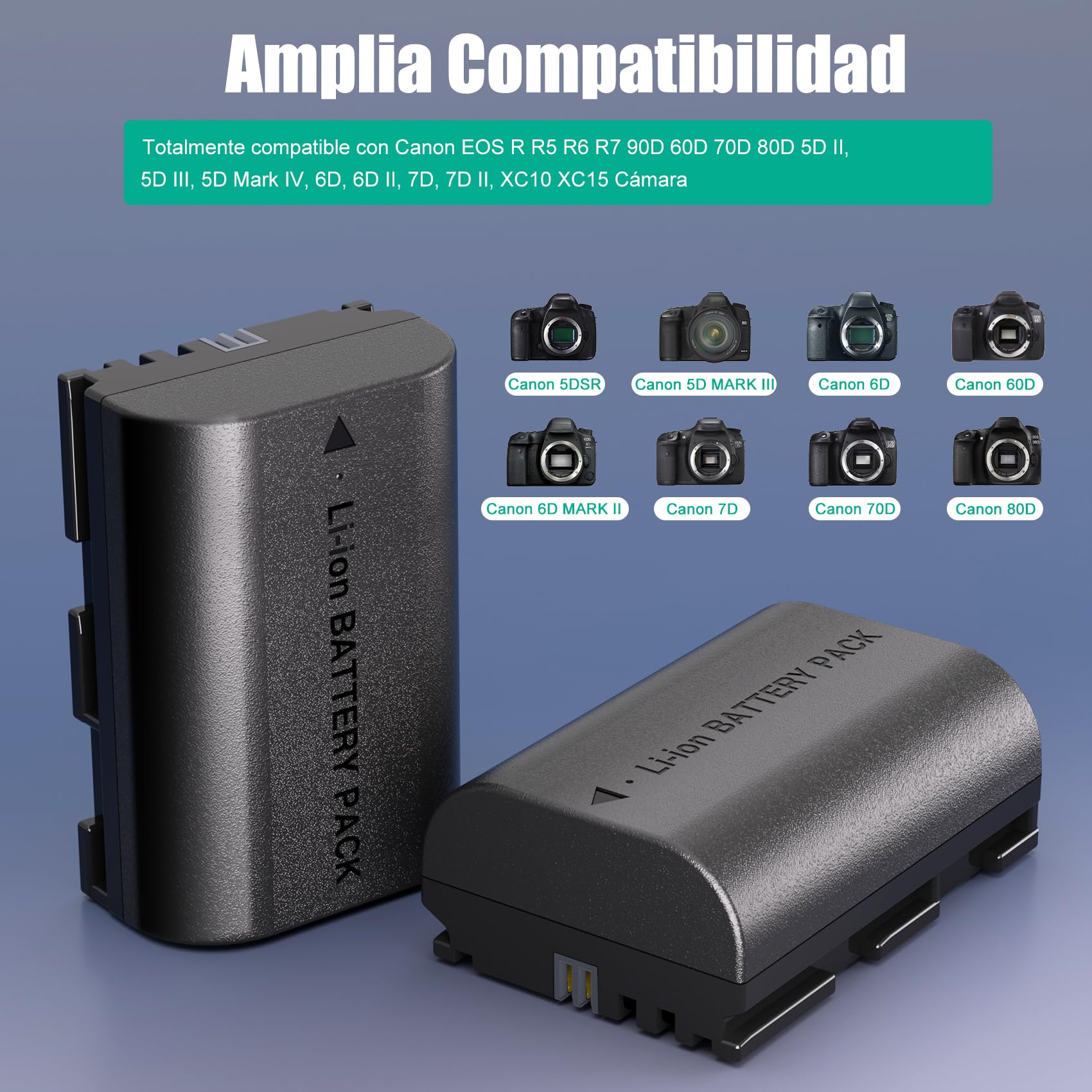 JYJZPB 2X LP-E6 LP-E6N Baterías de Repuesto 2300mAh y Cargador de Batería para Canon LP-E6, Compatibles con Canon EOS 5D Mark II, III, IV, 5DS, 5DS R, 60D, 6D Mark II, 7D, 7D Mark II, 70D, 80D, R5, R6