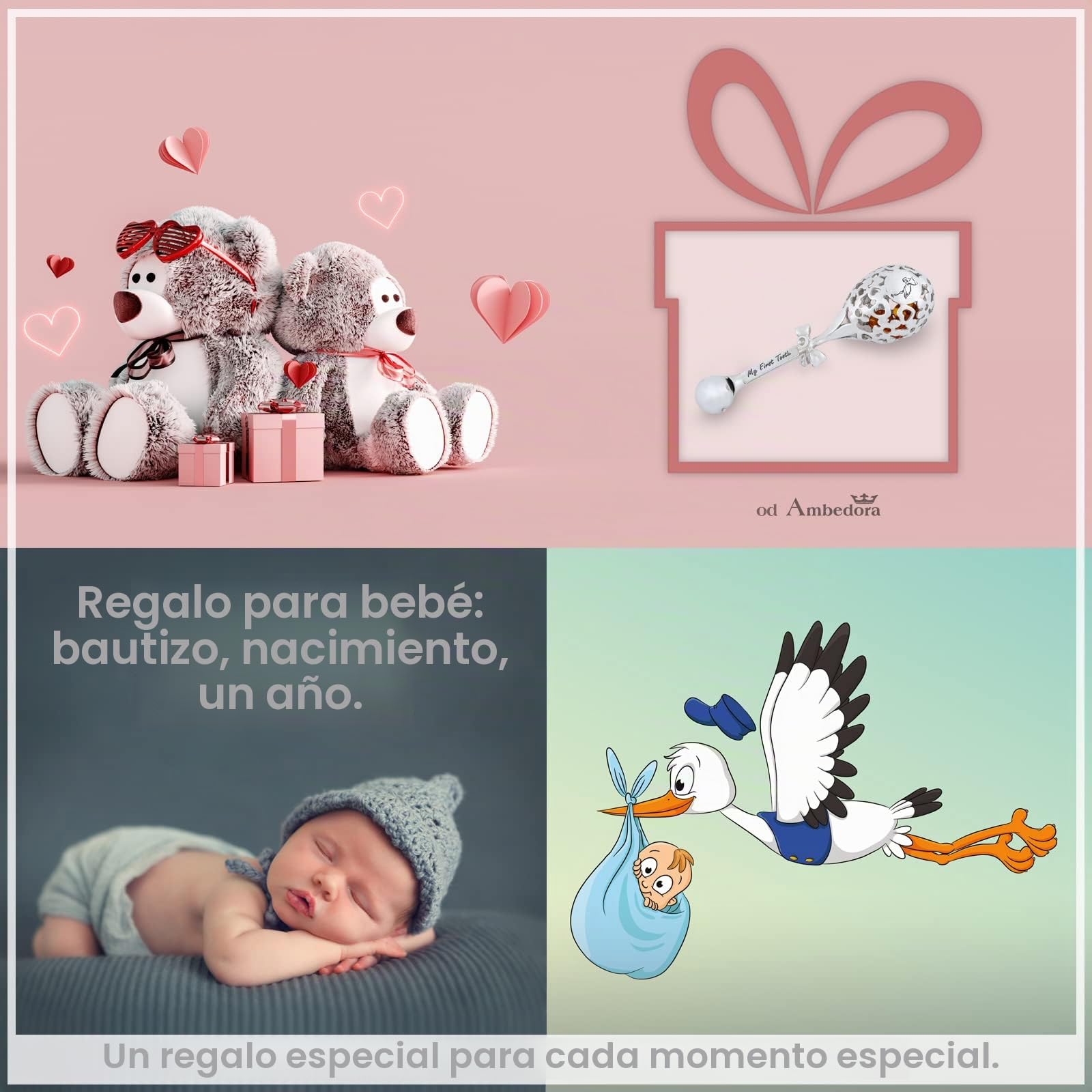 Sonajero para bebé, niño o niña, plata de ley 925 brillante, sonajero de cigüeña con grabado, regalo de cumpleaños