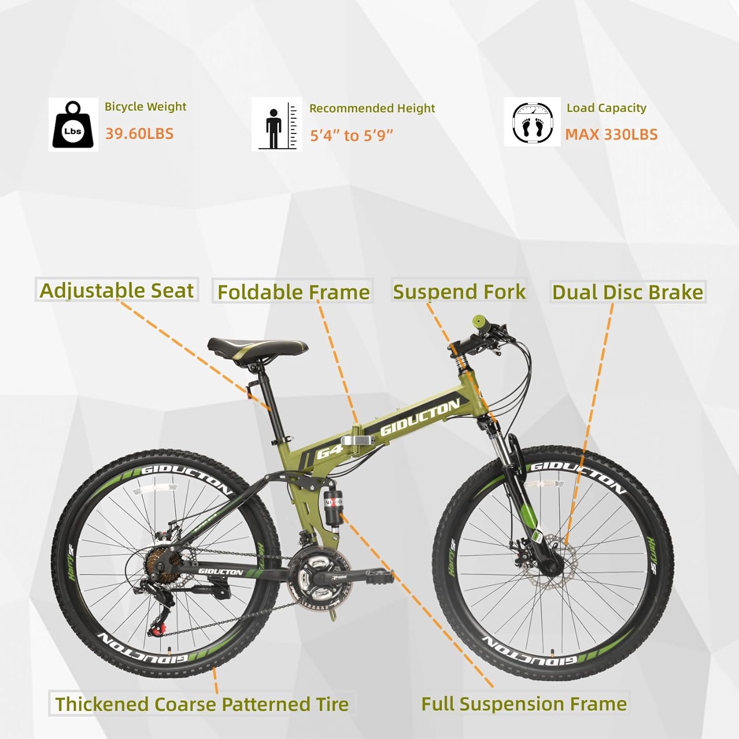 26 Inch Folding Mountain Bike, Dual Disc Brake Full Suspension High-Carbon Steel MTB Foldable Bicycle,21 Speed Folding Bikes for Adults/Men/Women