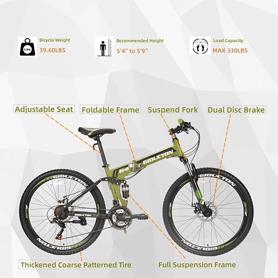 26 Inch Folding Mountain Bike, 21 Speed, Dual Disc Brakes, Full Suspension, High-Carbon Steel, for Adults/Men/Women