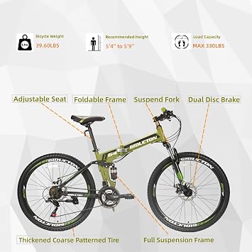 26 Inch Folding Mountain Bike, 21 Speed, Dual Disc Brakes, Full Suspension, High-Carbon Steel, for Adults/Men/Women
