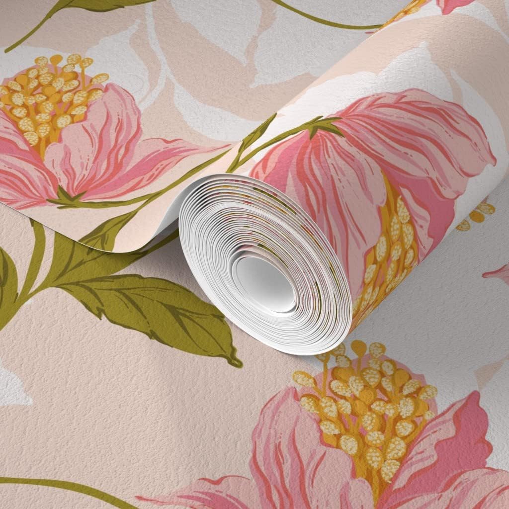 Commercial Grade Wallpaper 27ft x 2ft - Tropical Flower Pink Floral Green Large Botanical Exotic Island Traditional Wallpaper by Spoonflower