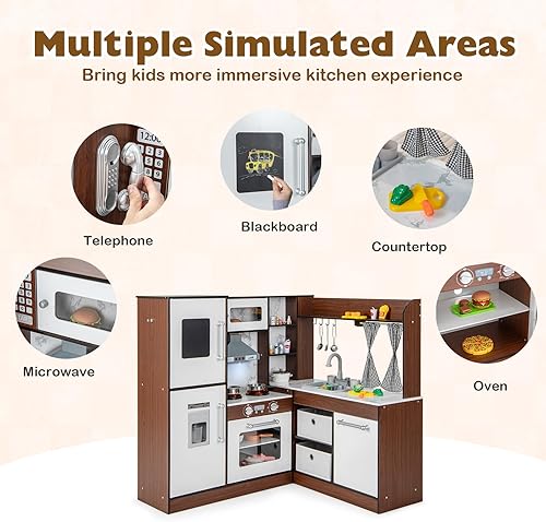 Miniatura 3 de Costzon Juego de cocina esquinera para niños, juego de cocina de juguete de simulación con fregadero y grifo, sistema de circulación de agua,