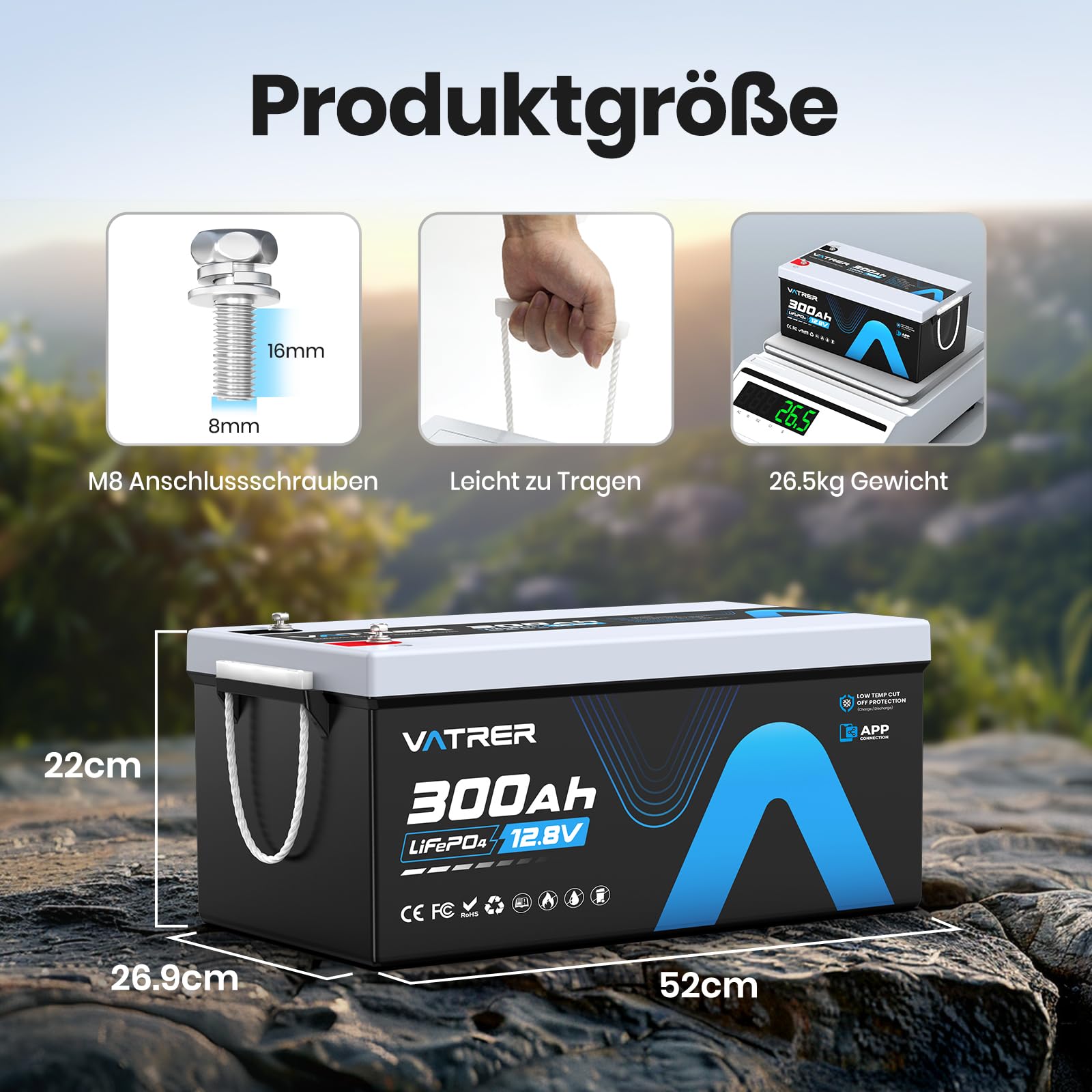 VATRER POWER LiFePO4 12V 300AH Bluetooth Lithium Batterie mit 200A BMS 5000 Zyklen Lithium Akku 3840W Abschaltschutz bei Niedriger Temperatur Perfekter für Wohnmobil, Solar & Off-Grid-Anwendungen