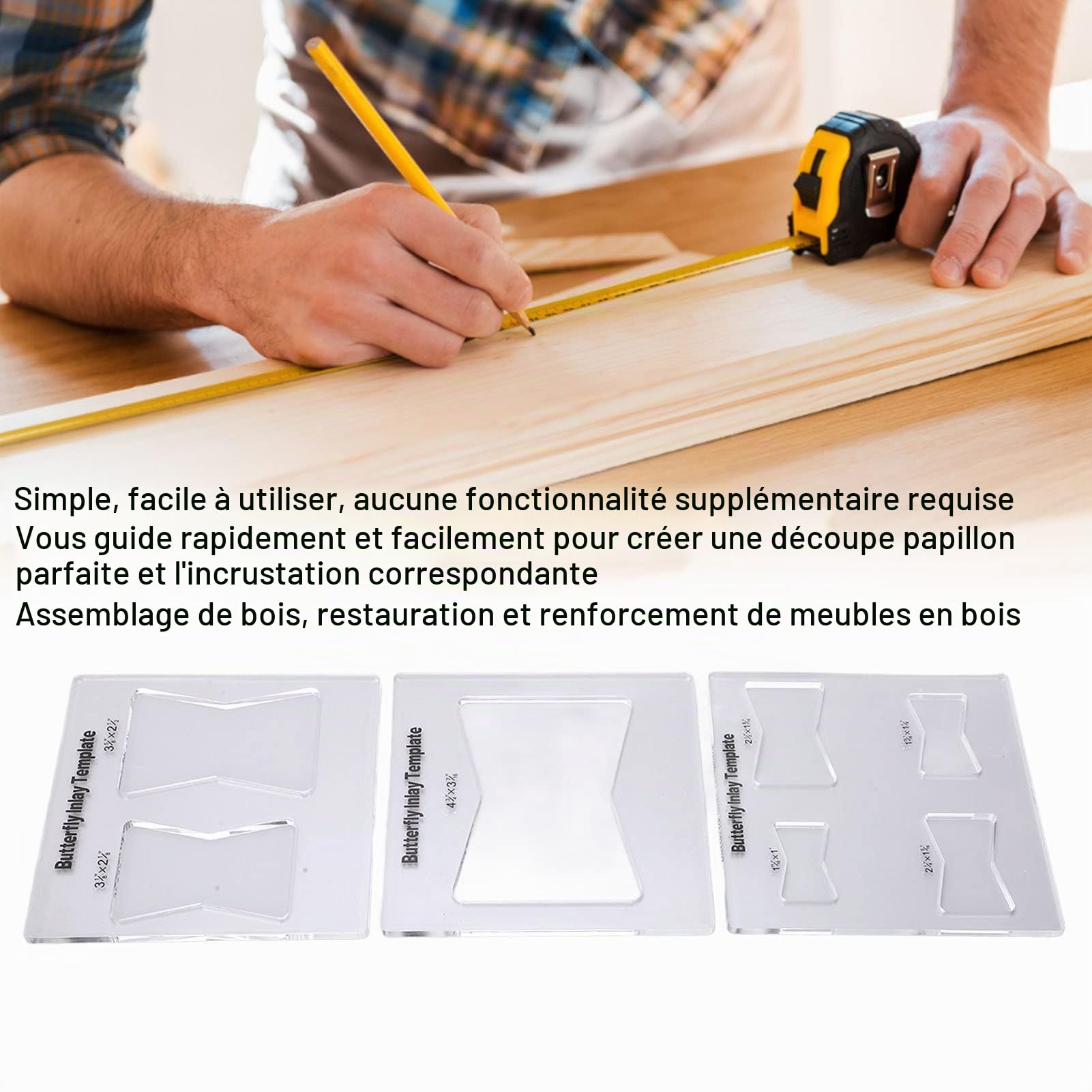 Gabarit de défonceuse pour le travail du bois,renfort de restauration,épissage transparent,3 guides en acrylique durci pour créer un gabarit d'incrustation de papillon pour meubles en