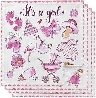Kitchen Dinner Napkins Set of 4, Cartoon White Stork Illustraction Cloth Napkins Reusable Washable Table Napkins for Weddings Cocktail Parties Holiday Table Decor 20x20 Inch It's a Girl Pink