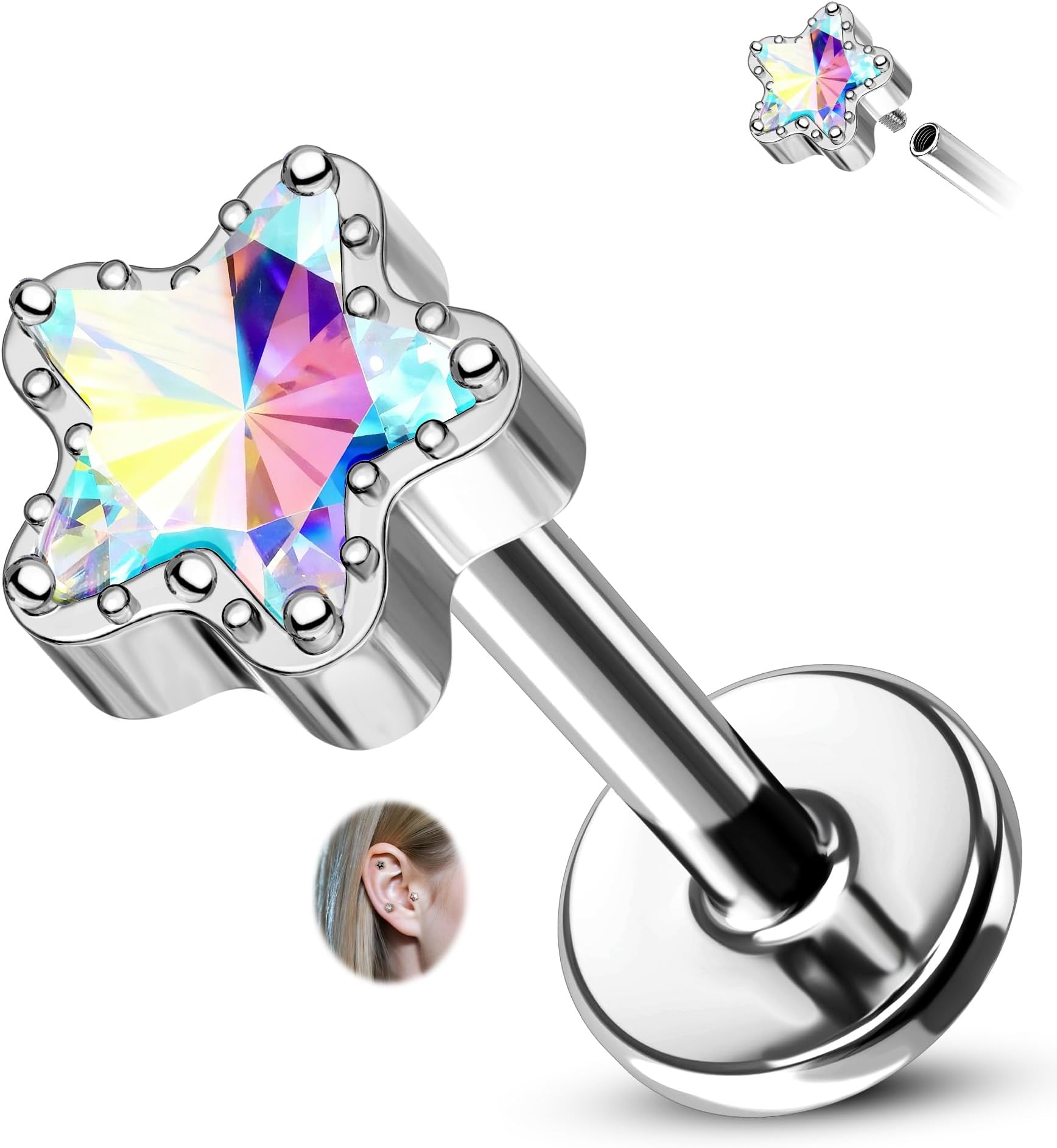 Titanium Star Helix Stud Earrings 16G Internally Threaded Cartilage Tragus Flat Back Stud Earring Hypoallergenic Medusa Piercing Jewelry