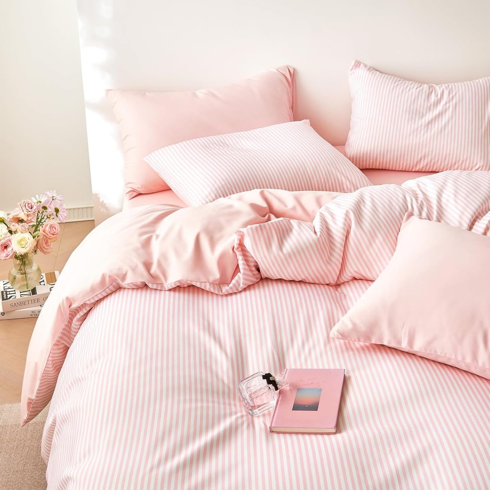 Freyamy Gestreifte Bettwäsche 135x200 Gestreift Rosa Weiß Mädchen Bettwäsche Aesthetic Streifen Bettwäsche-Sets Microfaser ÖKO-TEX Deckenbezug 1 Bettbezug mit Reißverschluss und 1 Kissenbezug 80x80cm