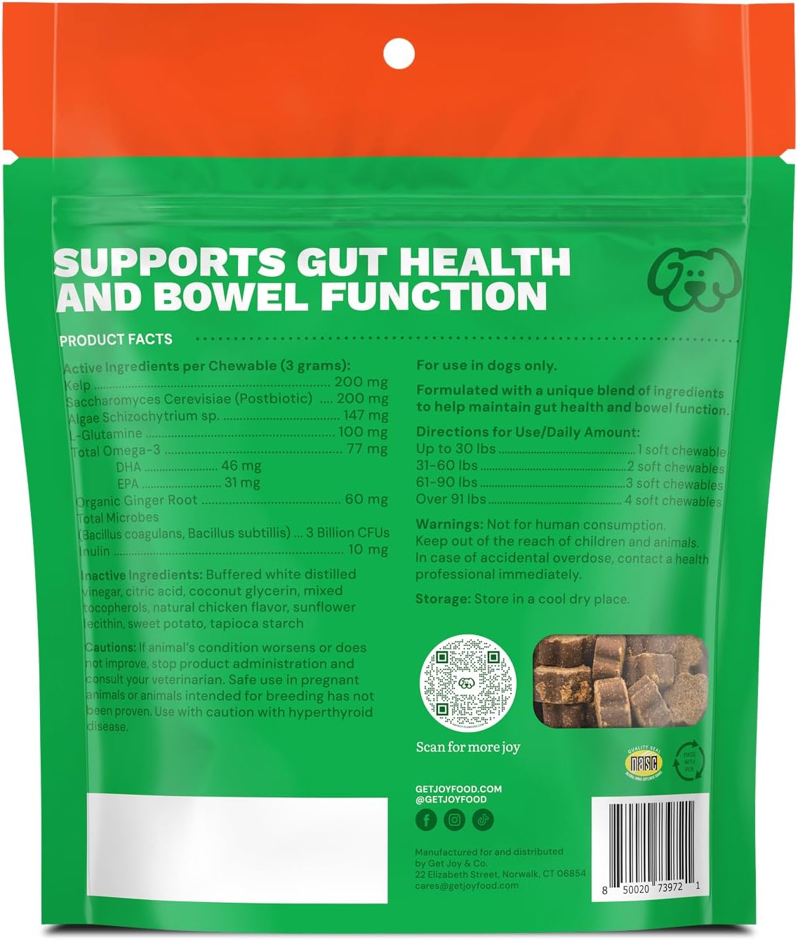 Get Joy Digestion Chews, Gut Health Supplement for Dogs, Vet Recommended Soft Daily Digestive Health & Immune Support with Prebiotics, Probiotics & Postbiotics, Made in USA, 90 Count