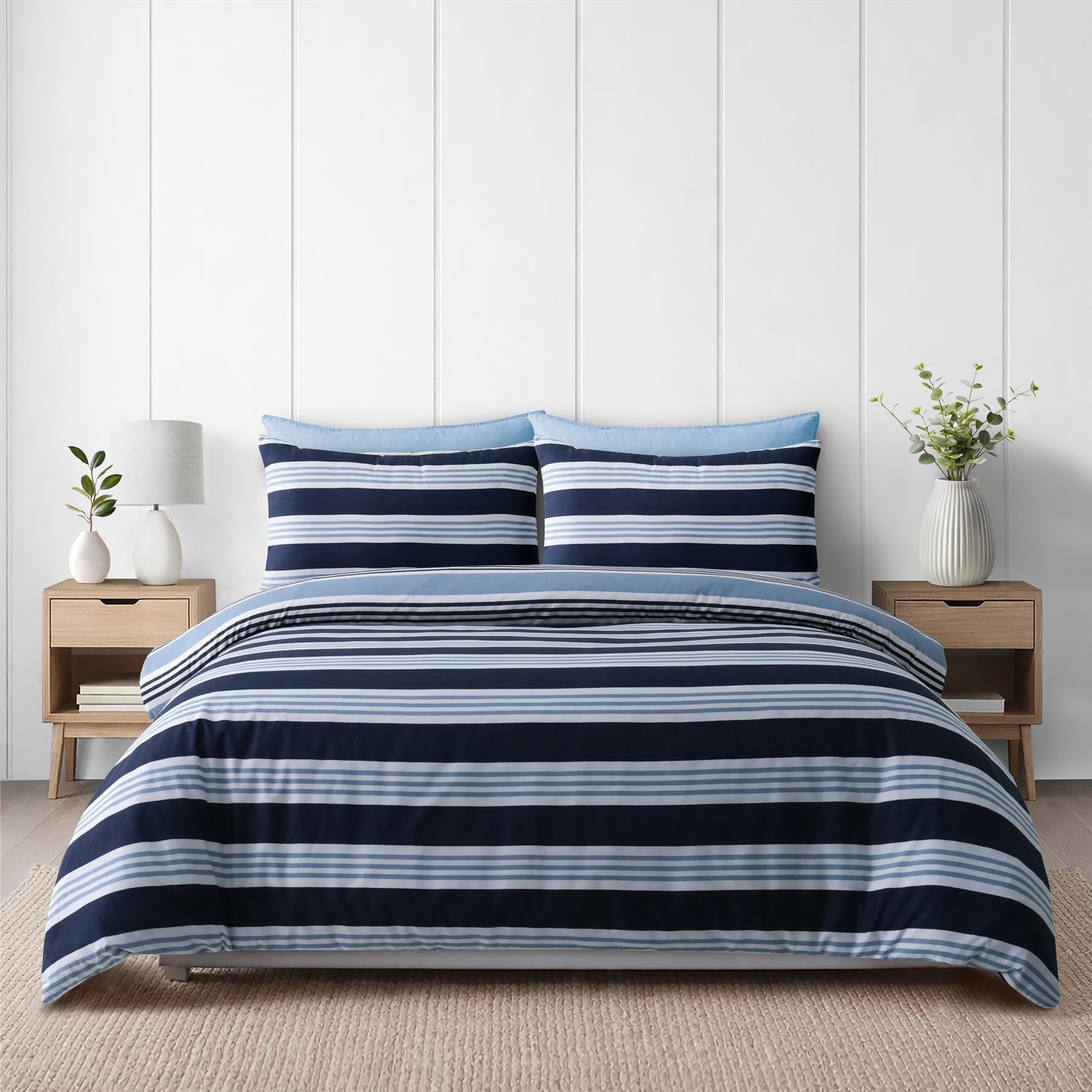 Adore Home Double Duvet Cover Set Navy & Light Blue Stripes Reversible Microfibre Bedding Soft Warm Includes Pillowcases