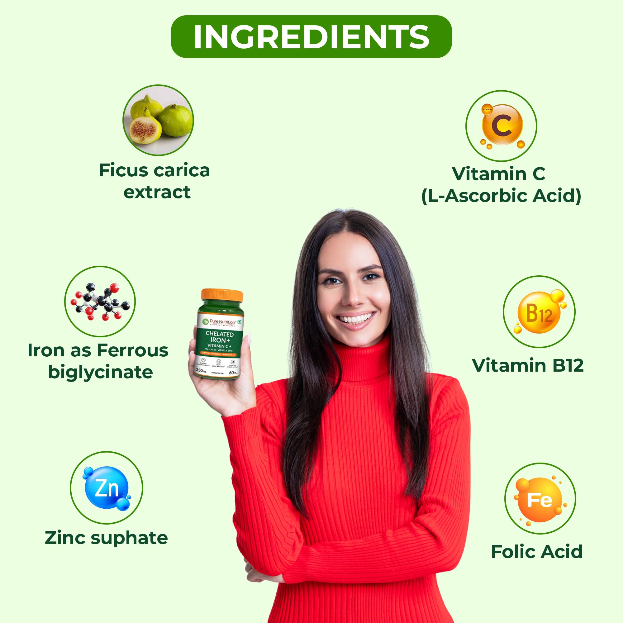 Pure Nutrition Chelated Iron Supplement for Women and Men | Folic Acid Tablets for Pregnancy | Hemoglobin Booster & Maintains Irons Level | with Zinc, Vitamin C & Vitamin B12 - 60 Veg Tablets for Hair Growth with Iron Bisglycinate 4