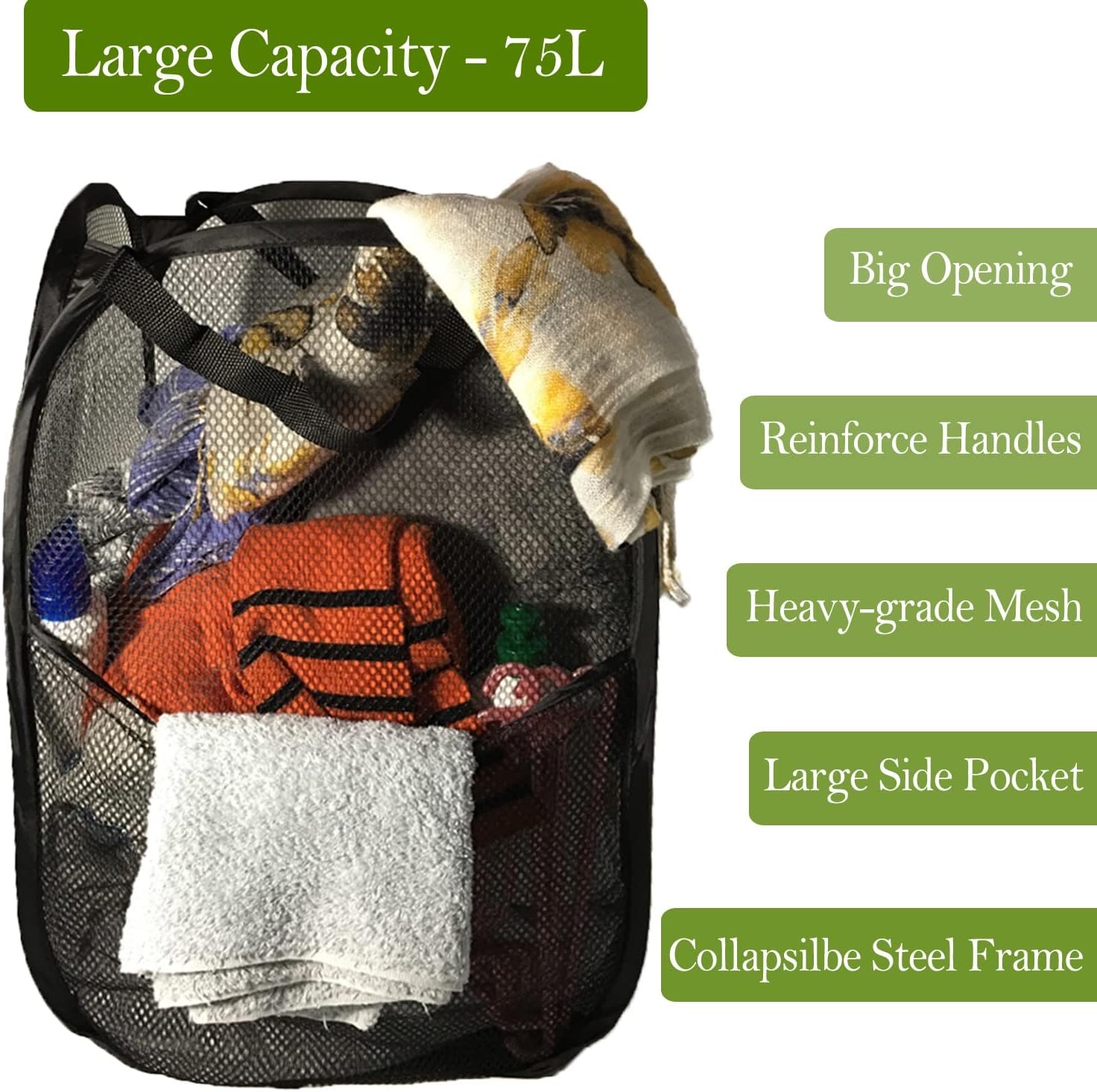 BATTOO Deluxe Strong Mesh Pop up Laundry Hamper Basket with Side Pocket Foldable Hamper for Laundry Room, Bathroom, Kids Room, College Dorm or Travel Black + Black image 3