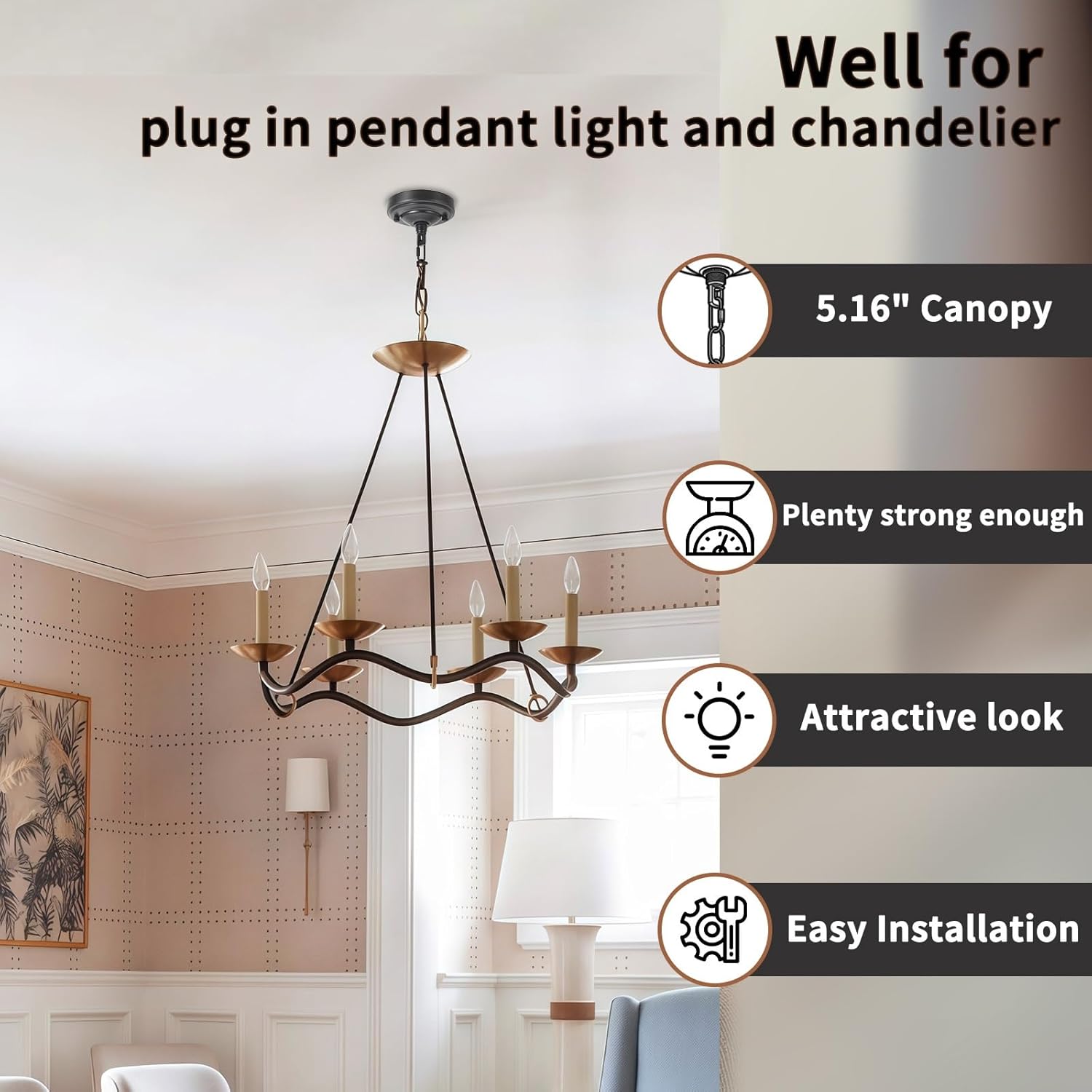 Upgraded Version 5-1/8 Inch Light Canopy Kit, Iron Ceiling Canopy Kit for Pendant Light, Ceiling Plate for Chandelier with 6 Feet Chain, Black