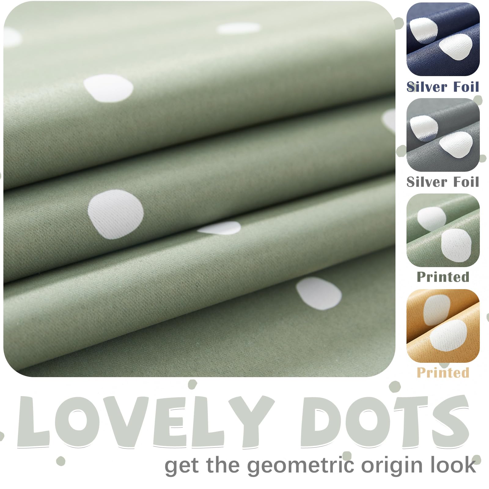 jinchan Blackout Curtains for Kids Bedroom, Thermal Insulated Room Darkening Grommet Top Window Drapes for Living Room, Polka Dots Print Nursery Curtains 63 Inch Long Sage Green, Set of 2 Panels