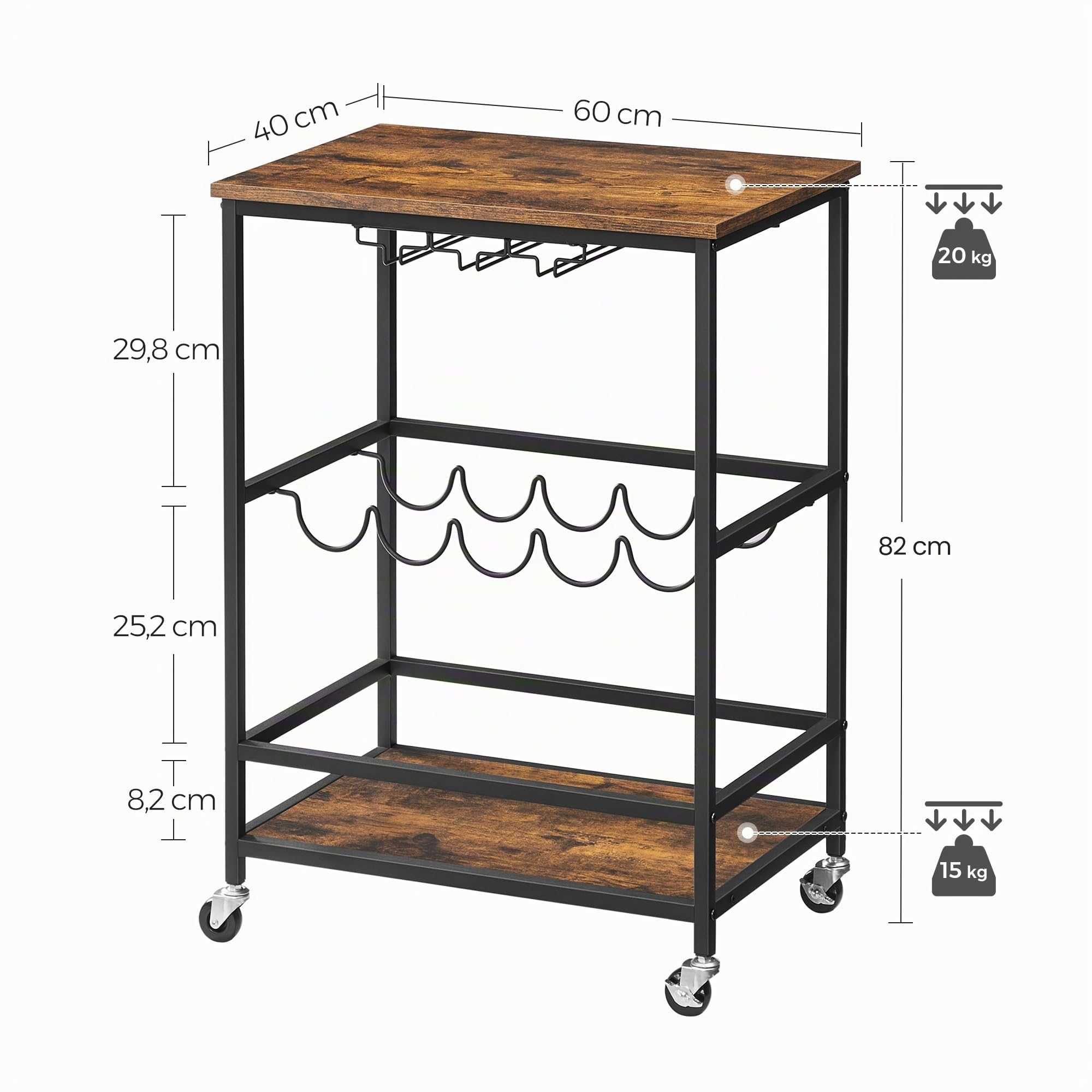 VASAGLE Carrito con Ruedas, Carrito de Cocina, Carrito de Servicio con Soportes para Vasos y Botellas, 40 x 60 x 82 cm, Estilo Industrial, Marrón Rústico y Negro LRC087B01