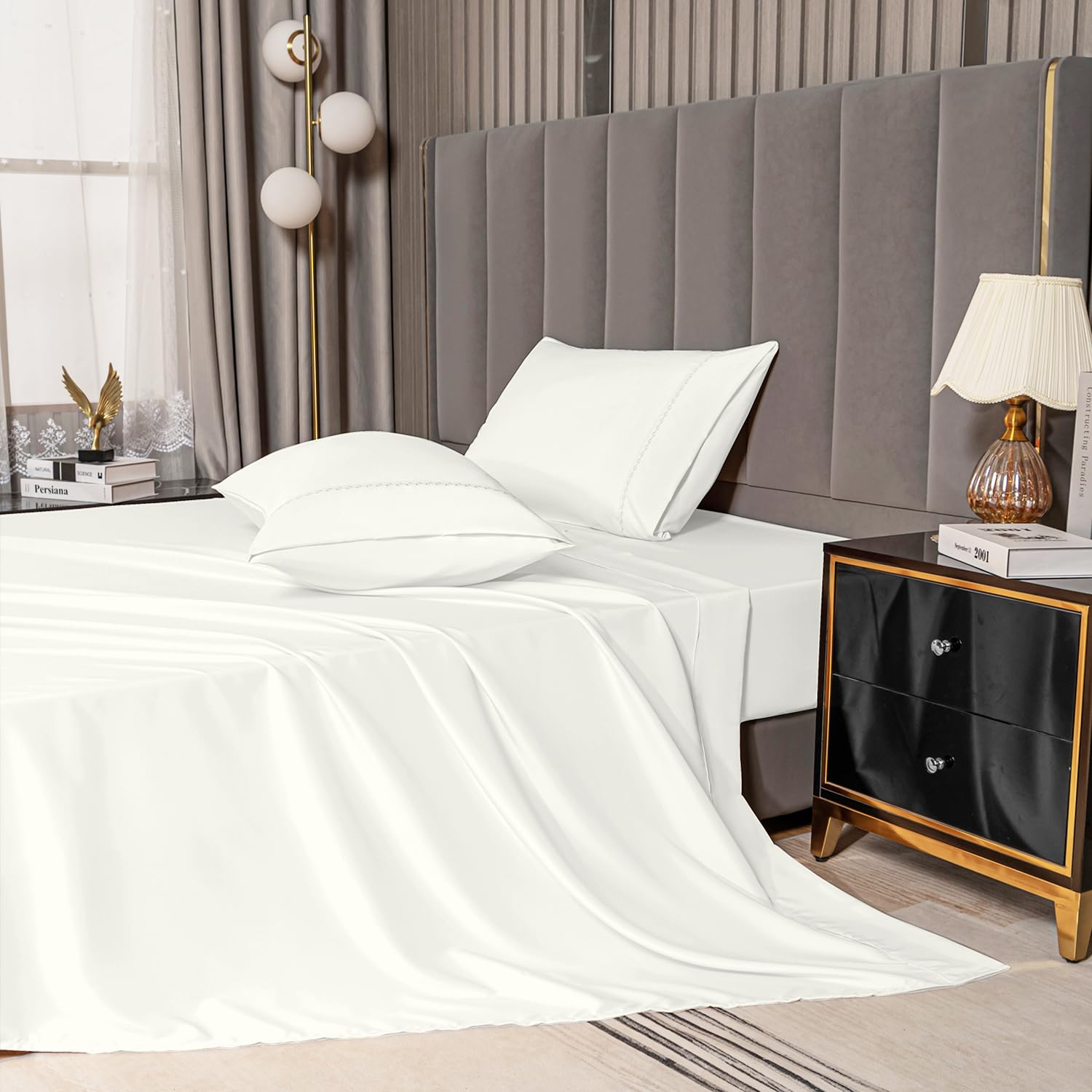 MCOBedding King Bed Sheets Set - Rayon Derived from Bamboo Sheets - Cooling Breathable Bedding Set with 16" Deep Pocket (4 Pieces, King, Off White)