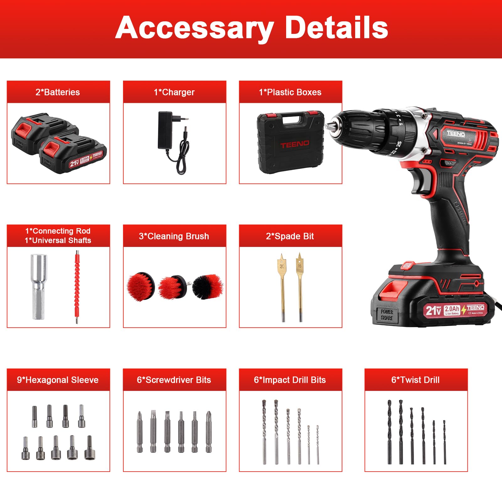 TEENO Trapano a Percussione a Batteria 21V, 45 Nm Avvitatore a batteria con spazzole,Compatibile con le Makita 2 batterie 2,0 Ah, 25+3 Impostazioni di Coppia,3 spazzole per la pulizia,2 Velocità, LED