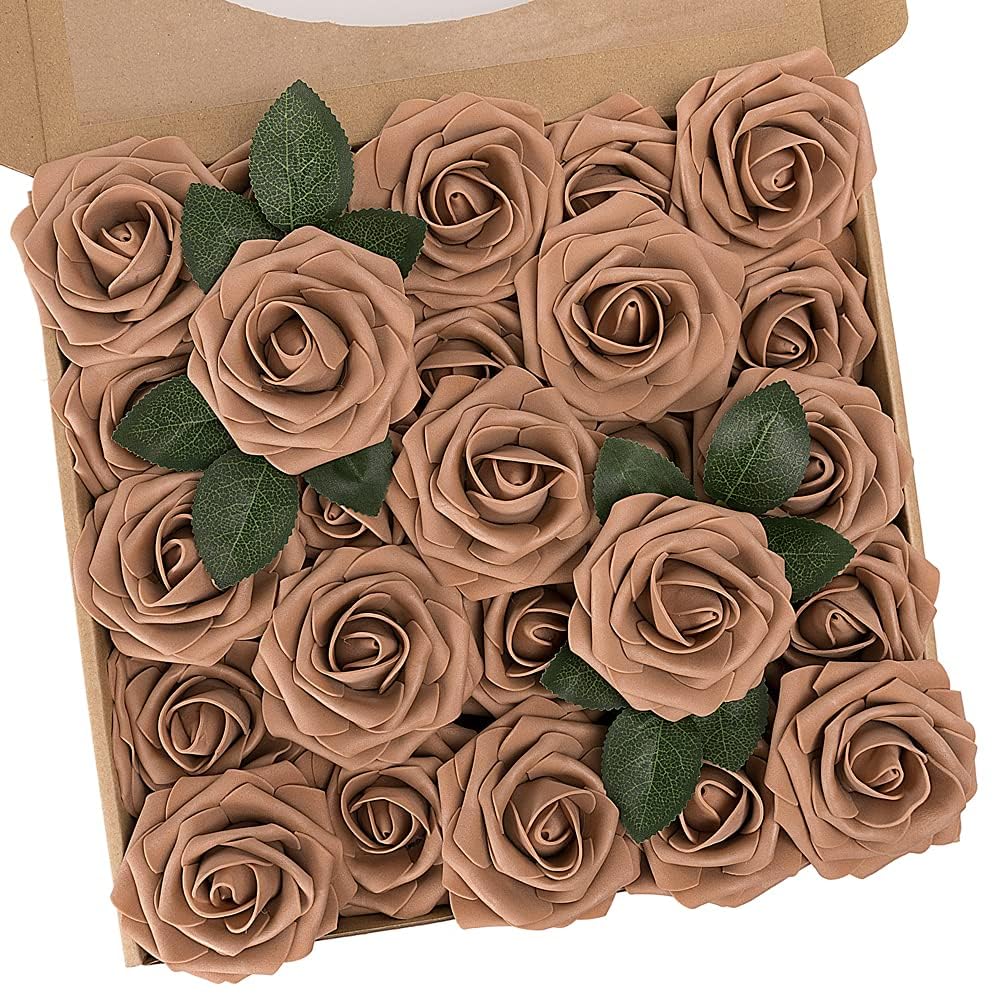 N&T Nieting Light Brown Roses Artificial Flowers, 25Pcs Fake Flower Bulk Perfect For Diy Wedding Bridesmaid Bridal Bouquets Centerpieces Party Home Decoration,