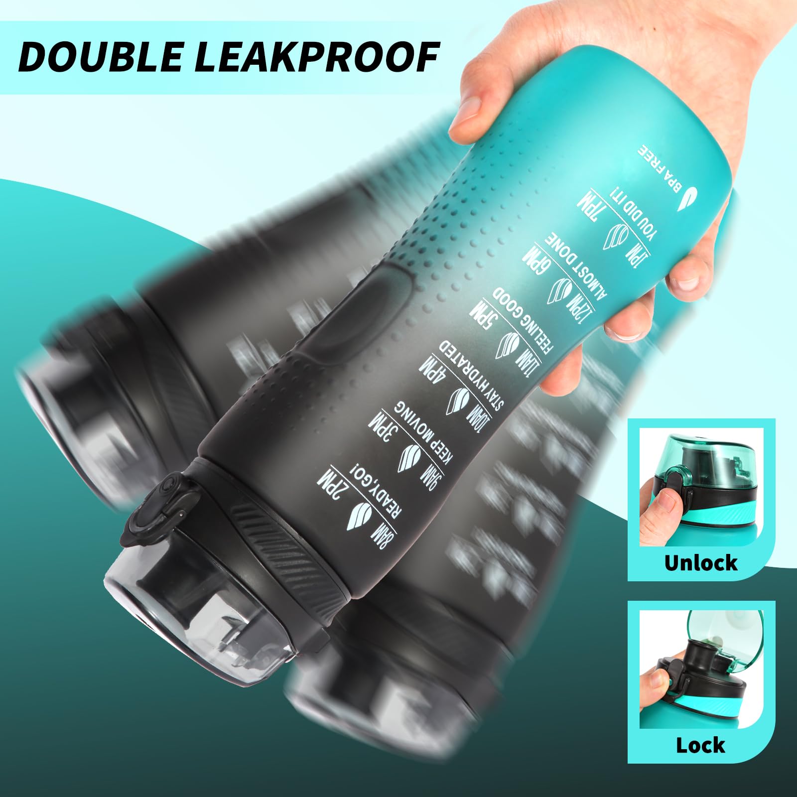 Binudum Borraccia motivazionale con indicatore del tempo, Sport Tritan, senza BPA, a prova di perdite, per adolescenti, adulti, palestra (nero, verde, 750 ml)