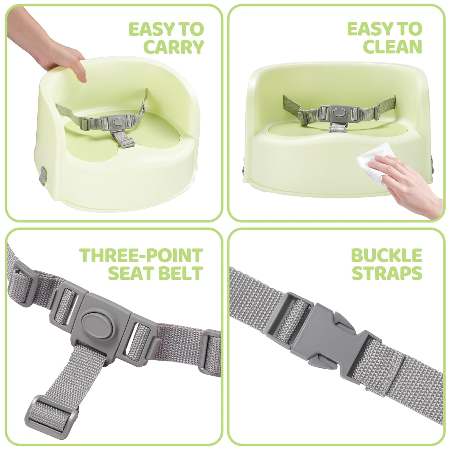 Booster Seat for Dining with 1 Bib, Lightweight for On-the-Go, Easy-Clean, 3-Point Harness Strap PP Plastic, Green