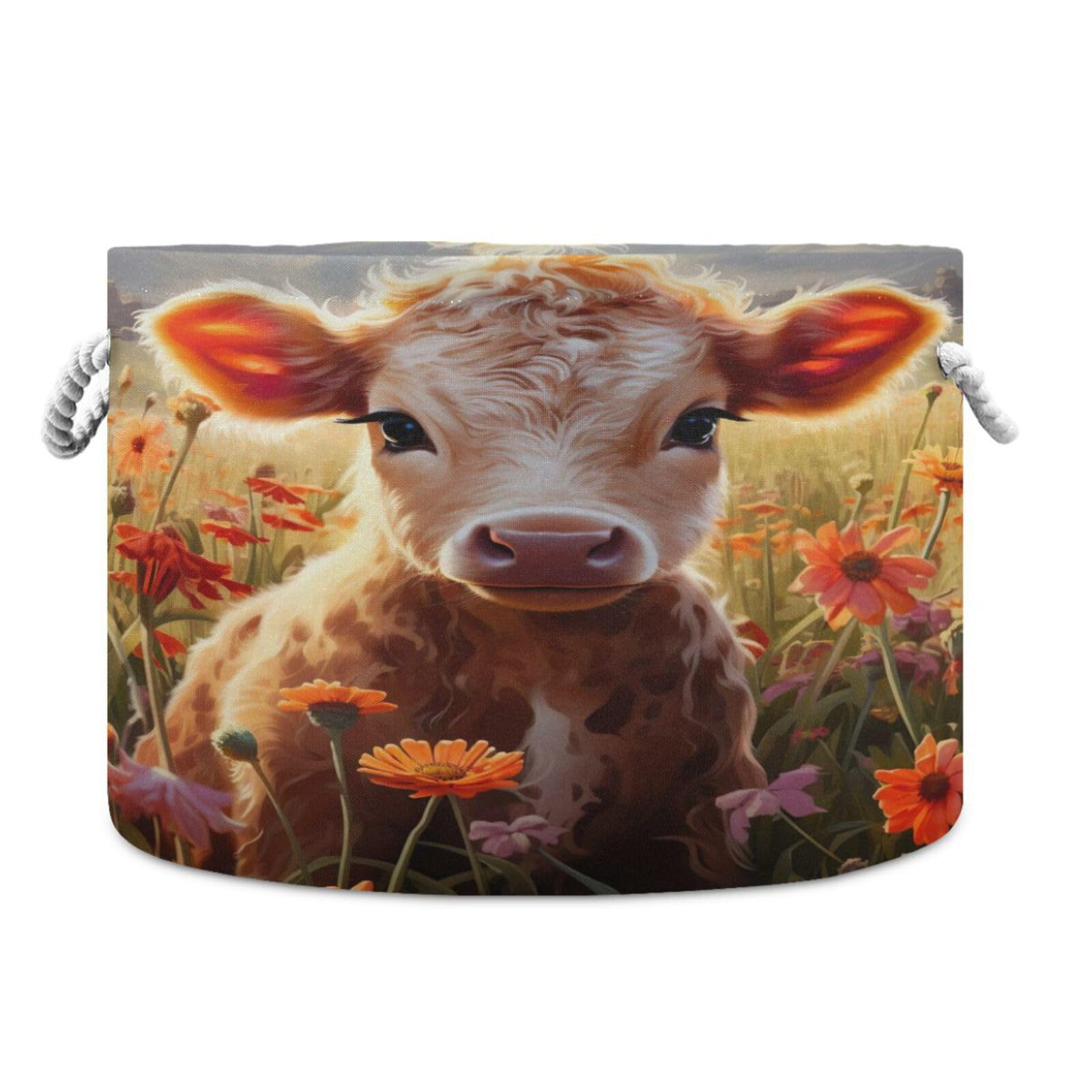 Round Cute Baby Cow Flower Storage Basket Large Organizer Bin Laundry Hamper Toy Storage Basket with Handle for Nursery Clothes Toys 202b4814