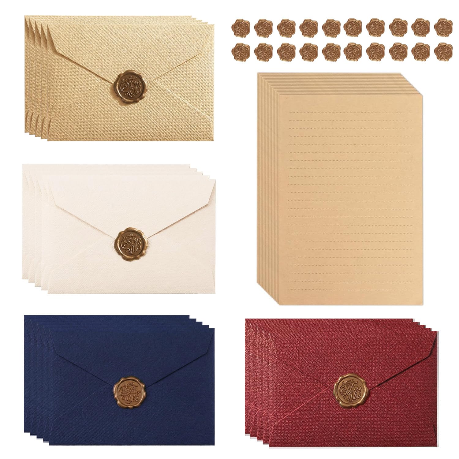 Acidea 60 PCS Vintage Stationery Paper and Envelopes Set, A5 Kraft Writing Paper with 250gsm Colorful Linen Envelopes and Wax Seal Stickers for Wedding Invitation, Birthday, Holiday, Gift