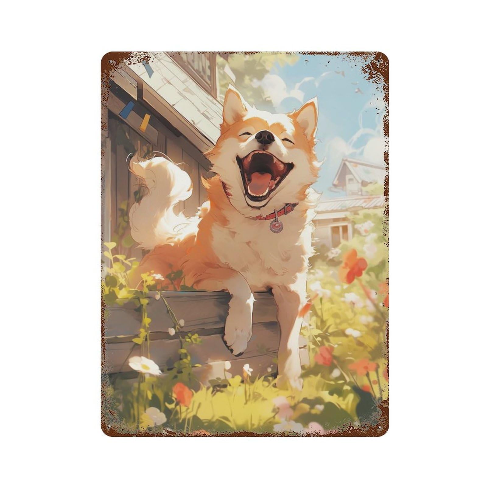 Aged Metal Wall Plaque with Happy Akita Inu Dog Design 15.7"x11.8", for Basement, Hobby Room And Garage Decor, Classic Wall Plaque