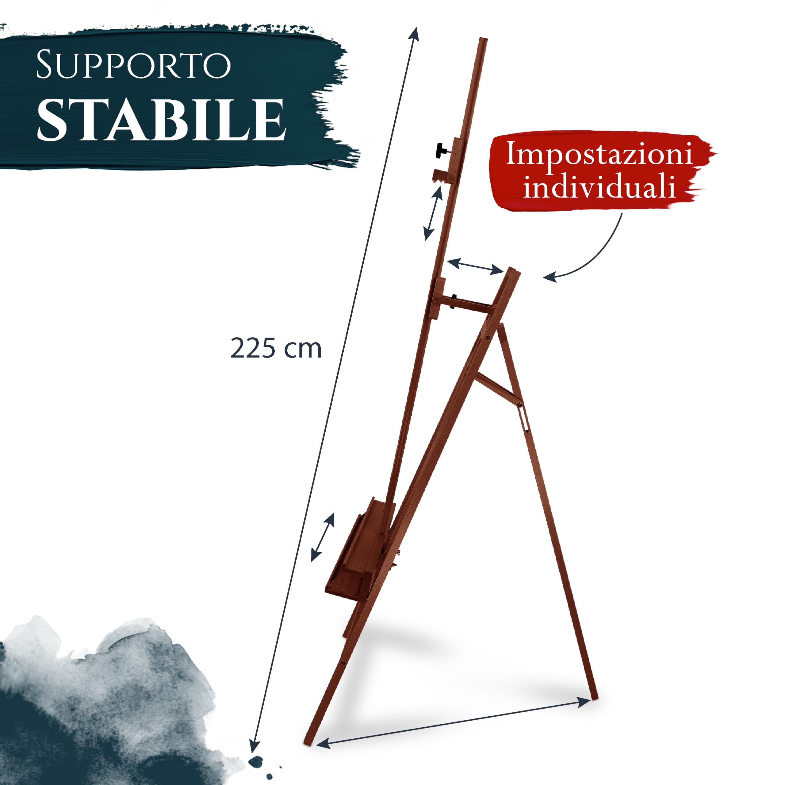 Artina – Kit pittura acrilica 30 pezzi con cavalletto in legno finitura noce Barcelona + tele serie Santorini per tele fino a 120cm, pennelli ecc. – set artistico per principianti e hobbisti