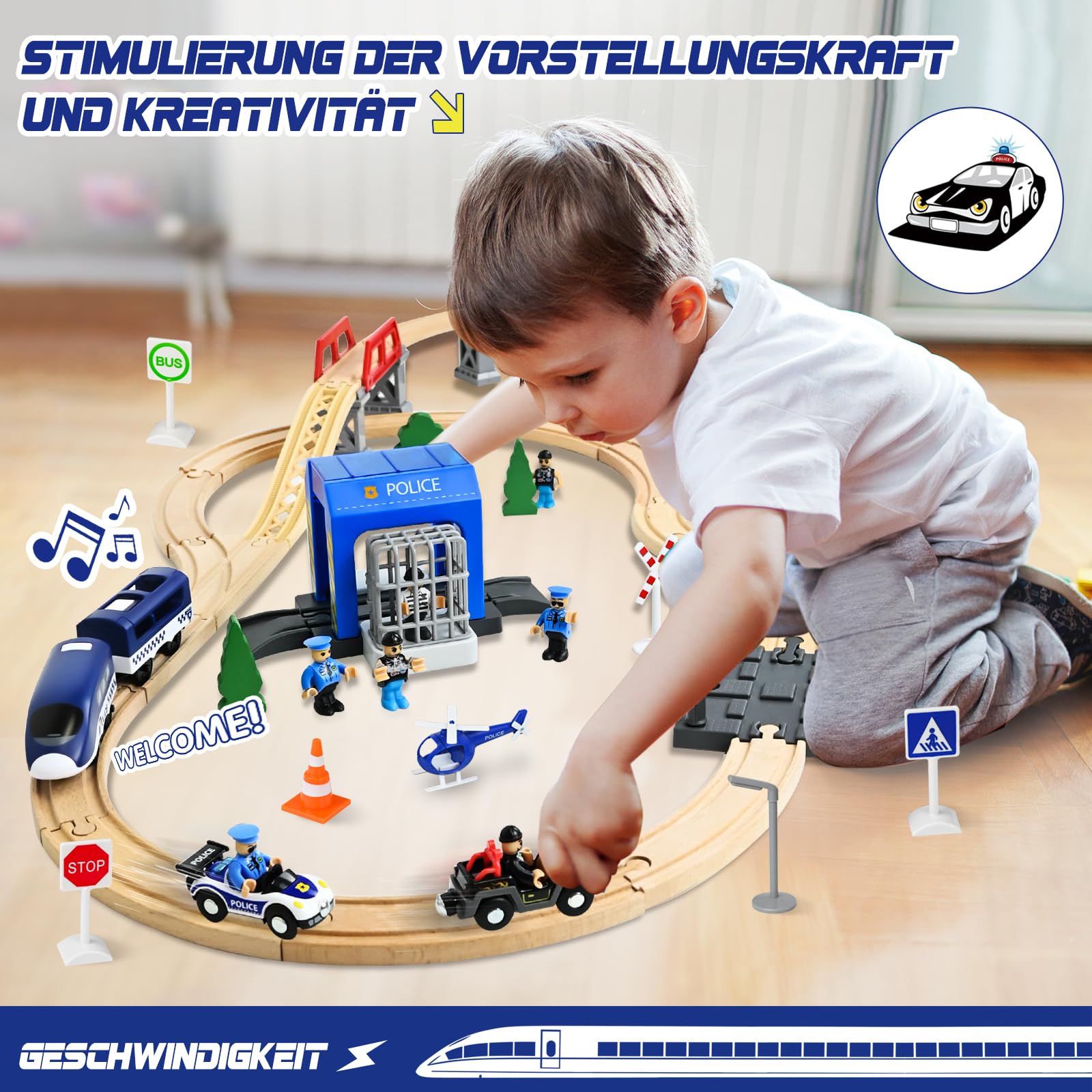 Ulikey Holzeisenbahn Set Kinder, 72 Teiliges Holzeisenbahn Schienen und Zug Spielzeug, Modelleisenbahn-Set mit Elektrische Lok, Polizei und Räubern, Spielzeugeisenbahn Geschenk für Jungen und Mädchen