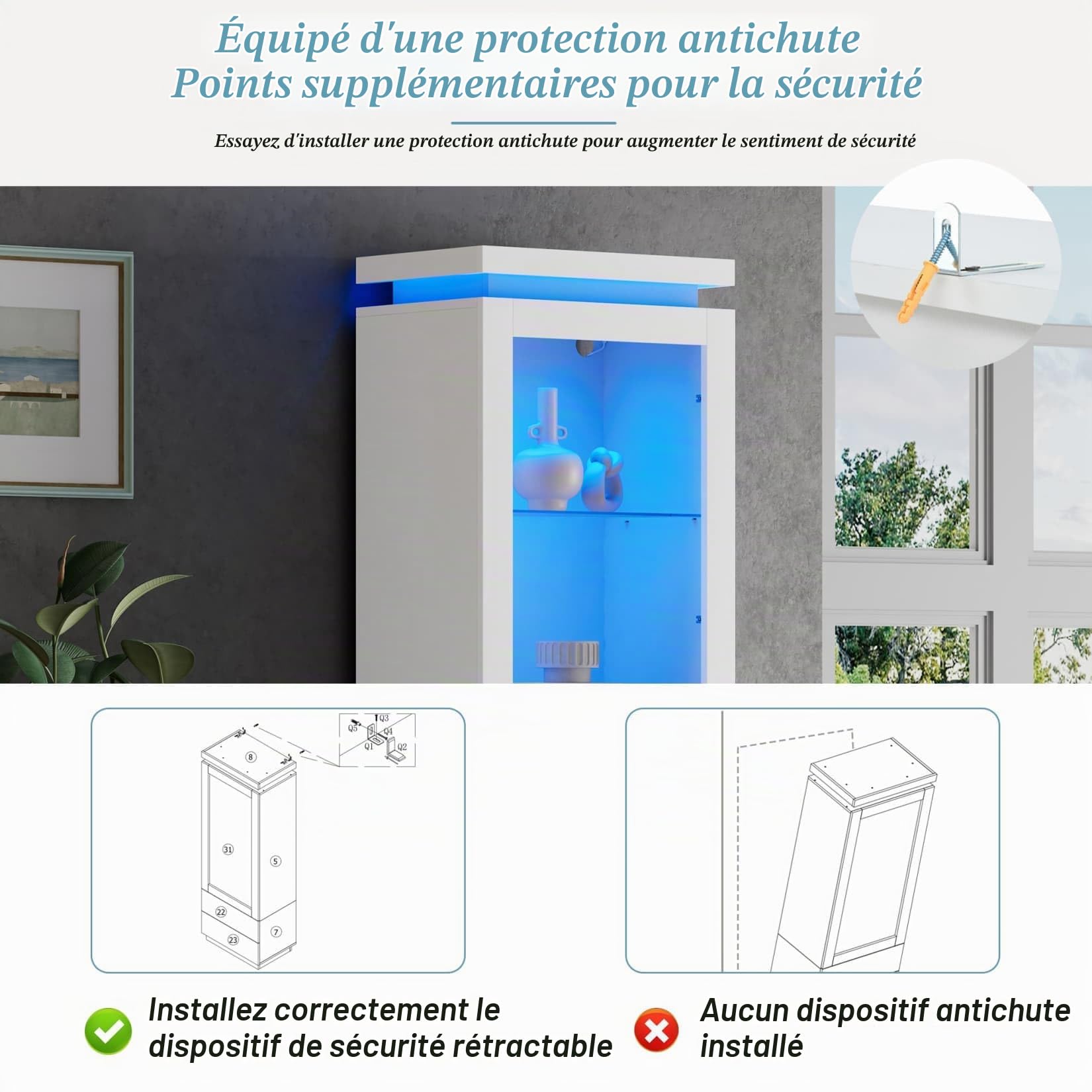 Buffet Salon Hauts 60x40x171cm,Vitrine Brillante,Meuble de Rangement,Meuble Cuisine avec éclairage LED Réglable,2 Tiroirs,Étagères en Verre à 3 Niveaux,pour Salon(E-Blanc)