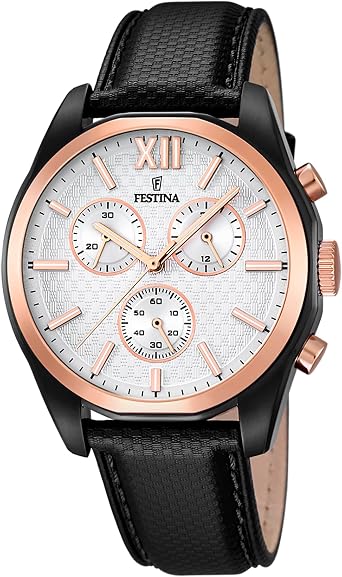 Festina Men's Quartz Watch with White Dial Chronograph Display and Black Leather Strap F16861/1