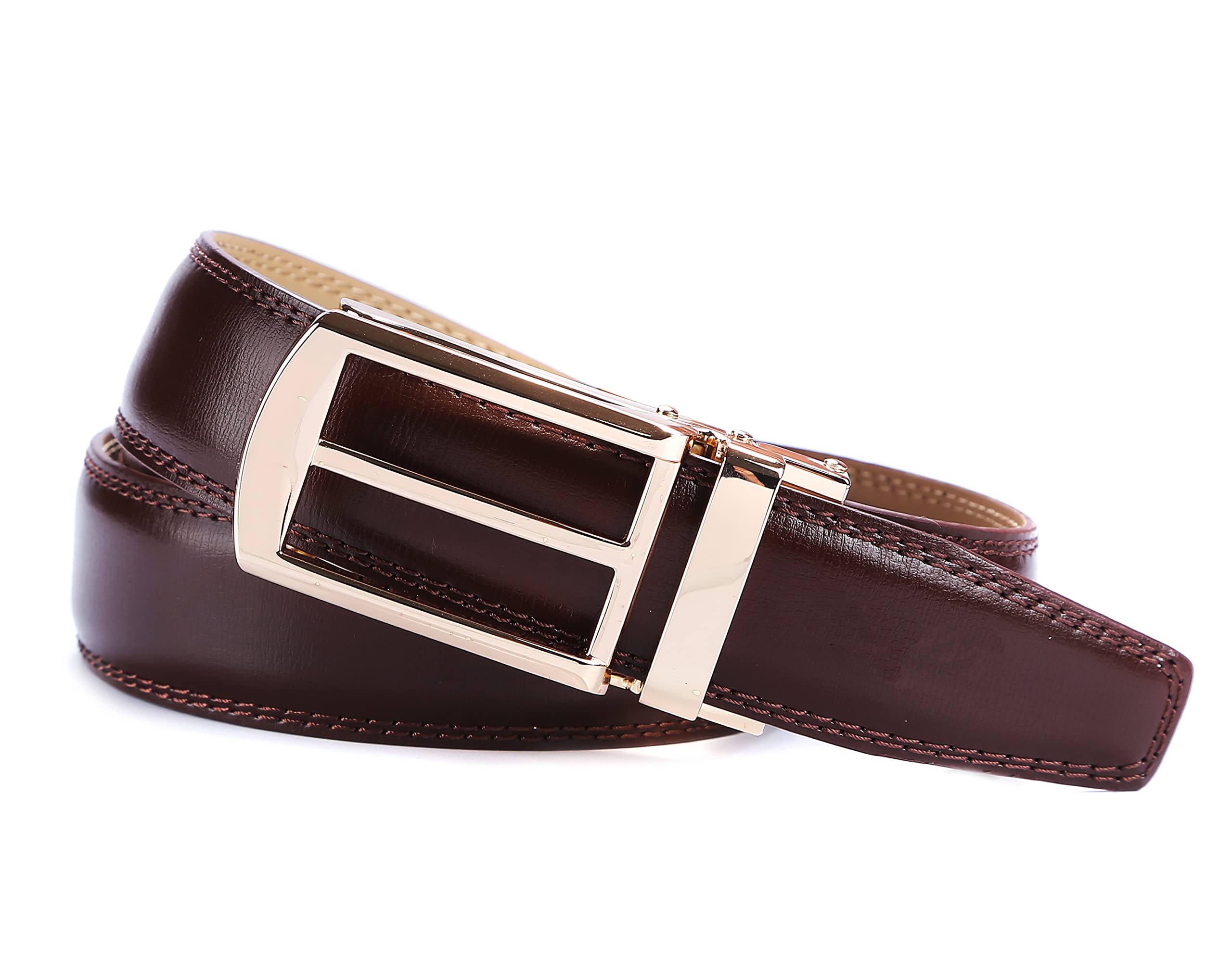 Tonywell Brown Belt for Men, Leather Ratcheting Belt with Click Buckle, for Dress Pants (One Size:32