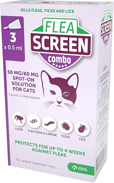 FLEA SCREEN combo Cat (3 Pipettes): Spot On Cat Flea Treatment - Kills Fleas, Flea Eggs & Ticks  Provides 12 Weeks Flea and Tick Treatment for Cats and Kittens over 8 weeks old.