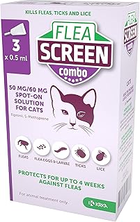FLEA SCREEN combo Cat (3 Pipettes): Spot On Cat Flea Treatment - Kills Fleas, Flea Eggs & Ticks – Provides 12 Weeks Flea and Tick Treatment for Cats and Kittens over 8 weeks old.