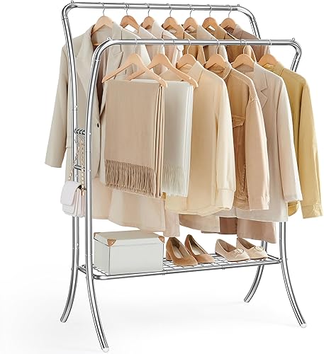 Miniatura 1 de SONGMICS Perchero de ropa con estantes, percheros resistentes, perchero de doble barra con 6 ganchos, almacenamiento de ropa y exhibición, para sala
