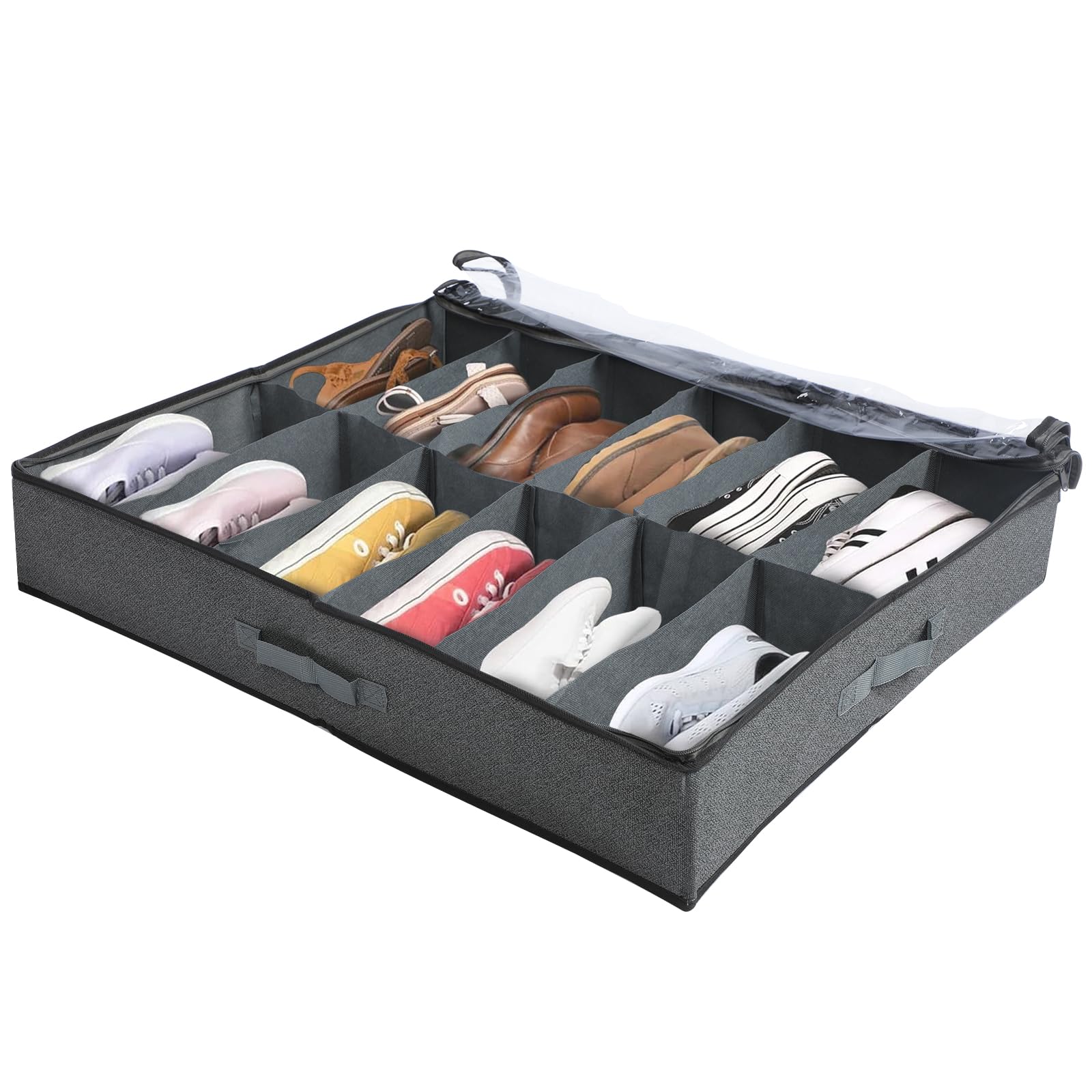 Lrocotanc Organizador de Zapatos Bajo la Cama con Tapa Transparente - Bolsa Resistente para Zapatos - Caja de Almacenamiento de Zapatos con 12 Compartimentos (Gris)