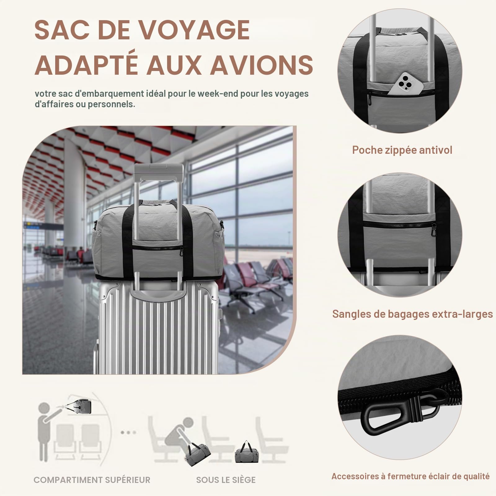 HUA ANGEL Sac de Voyage Pliable Extensible Ultra-Léger Sac de Sport & Weekend avec Poche Étanche - Grand Sac Cabine Avion pour Homme Femme Fitness Yoga Boxe Piscine Vacances(30-35L) Gris
