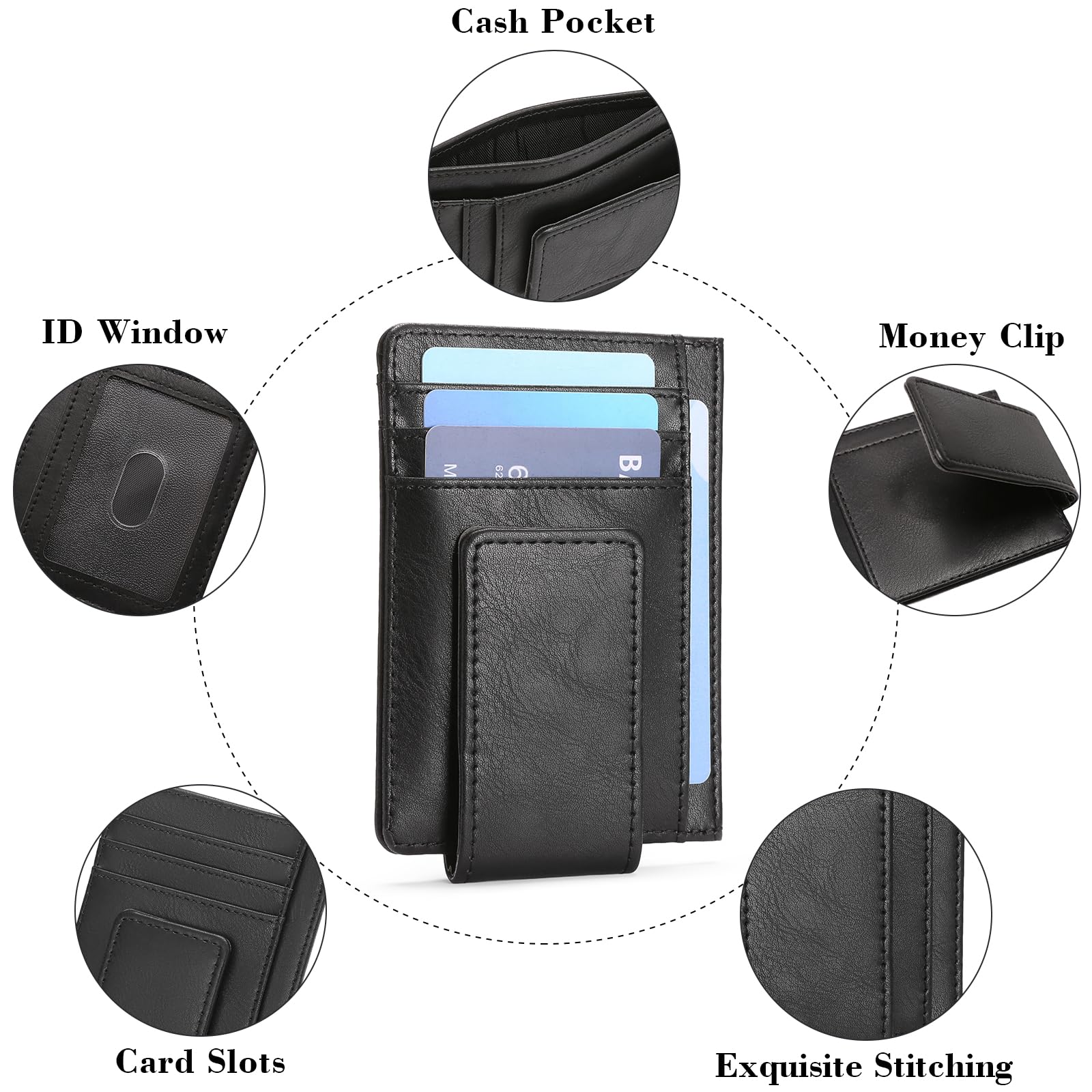Cartera delgada con cierre magnético para hombre, de piel, bloqueo RFID, minimalista, bolsillo frontal, clip para dinero, tarjetero para tarjetas de crédito, Negro -, Classic 6