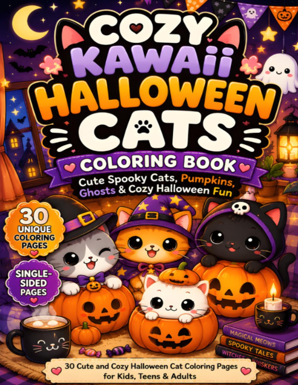 Cozy Kawaii Halloween Cats Coloring Book : Cute Spooky Cats, Pumpkins, Ghosts & Cozy Halloween Fun: 30 Cute and Cozy Halloween Cat Coloring Pages for Kids, Teens & Adults