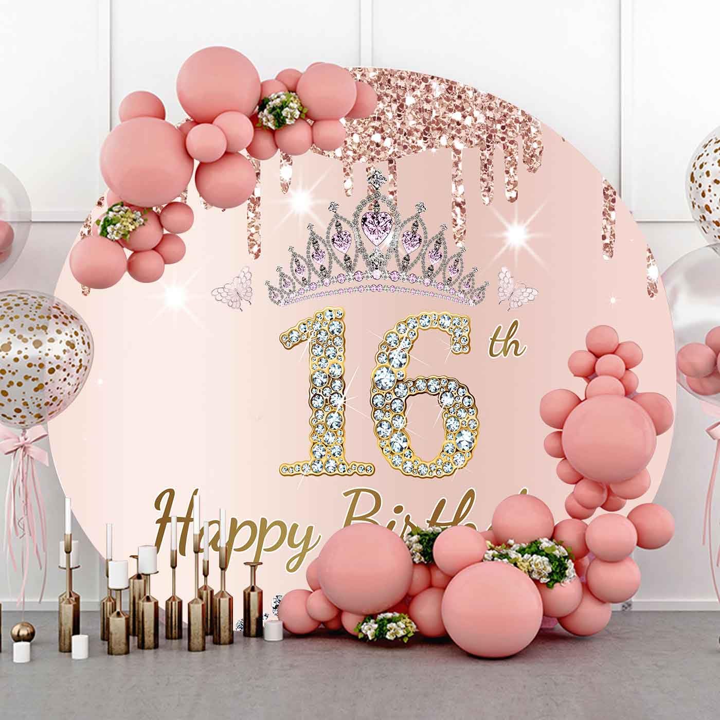 Sweet 16th Birthday Round Backdrop Cover, 7.2x7.2ft Polyester Pink Rose Gold Glitter Silver Diamonds Circle Backdrop, Chic Circular Happy 16 Bday Banner Decorations Photo Booth Prop YMBXTPH190