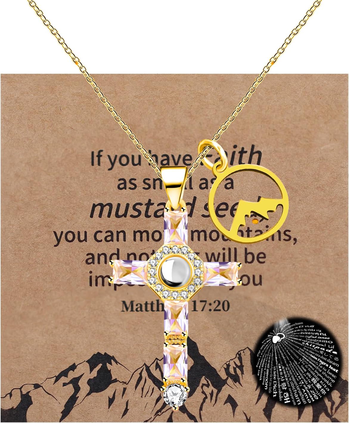 Uloveido Religious 100 Languages I Love You Projection Cubic Zirconia Cross Necklace - Charm Heart Mustard Seed Faith Cross Pendant Necklace for Women Christian YA4517